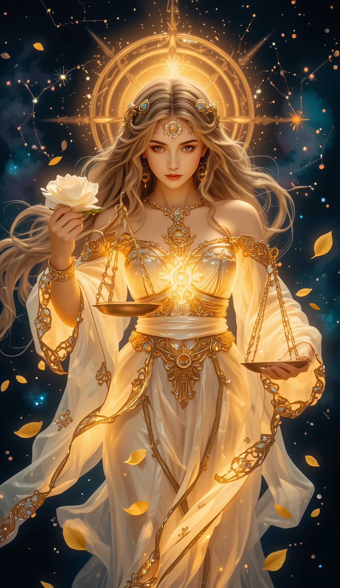 A radiant celestial figure representing the power of Libra, incarnated in a goddess of ethereal grace and perfect balance, dressed in a flowing robe of gold and silver colors, as if weaving light and shadow in a dance. Her skin reflects a soft luminosity, with touches of silver and gold, and her eyes, like two sparkling opals, convey the search for justice and universal harmony. In one of her hands, she holds a golden scale, its ends slightly illuminated, symbolizing the search for equity and truth, while in the other, rests a white rose, a symbol of beauty, love and elegance. In the background, a celestial scene with a vast sky of stars that intertwine in a network of light, as if the universe itself were in balance. Around the goddess, golden and silver petals float that reflect the balance between opposites. A glowing aura formed by the constellation Libra surrounds your figure, radiating an energy of justice, harmony and peace, while a gentle breeze blows, bringing with it whispers of serenity and cosmic wisdom. The atmosphere is soft, but full of a powerful energy of balance, representing the essence of those who seek truth, beauty and perfection in the subtlest details of the universe.