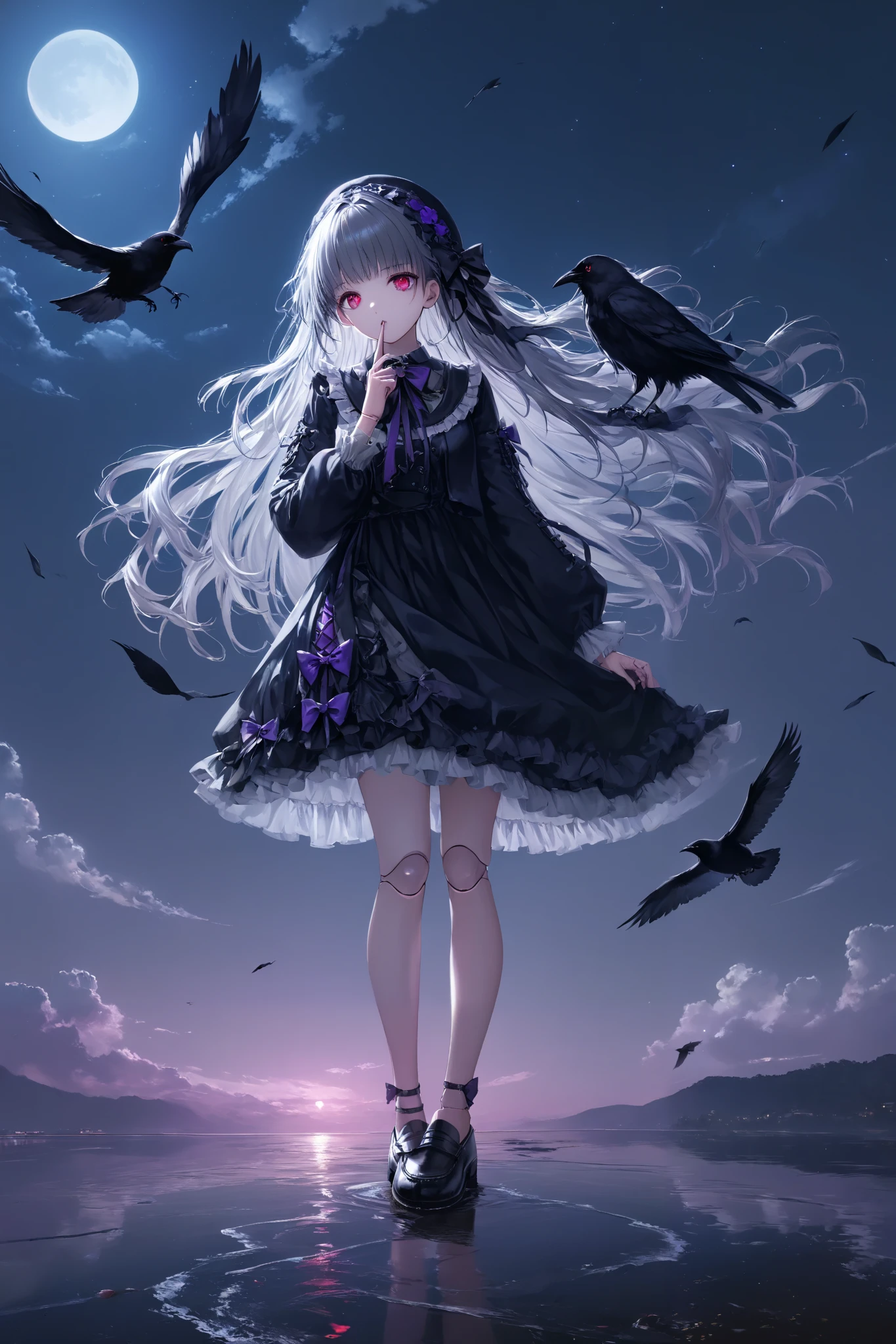 huge filesize, artbook, realistic, real, sky, stars, night, Red-eyed crow, doll, grey hair , long hair, purple eyes, glowing eyes, medium breasts, gothic ta, loafers, hair bow, crazy, heterochromia , Stand, shushing, full body,((((Full body doll joints))))