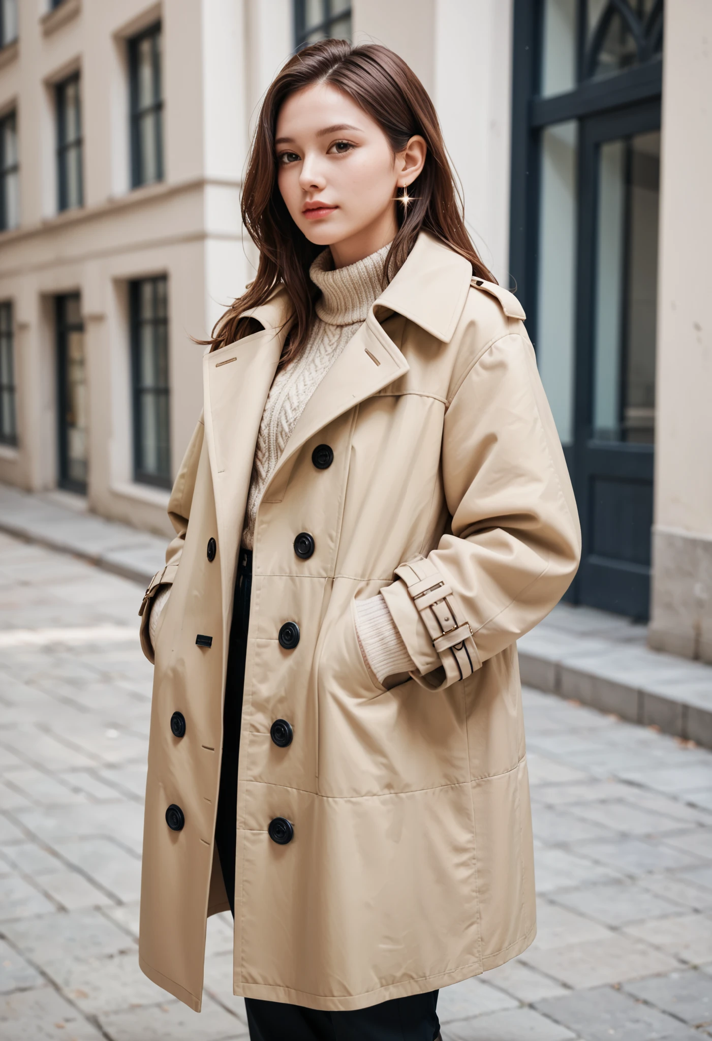 (Trench coat), outerwear, spring coat, long sleeves, long coat, long length, off-white color Wearing a knitted sweater as an inner layer, brown hair, hair behind ear, ribbon, sparkle, ((masterpiece)), UHD, (textured skin), accurate, ((super detail)), high quality, ((best quality))