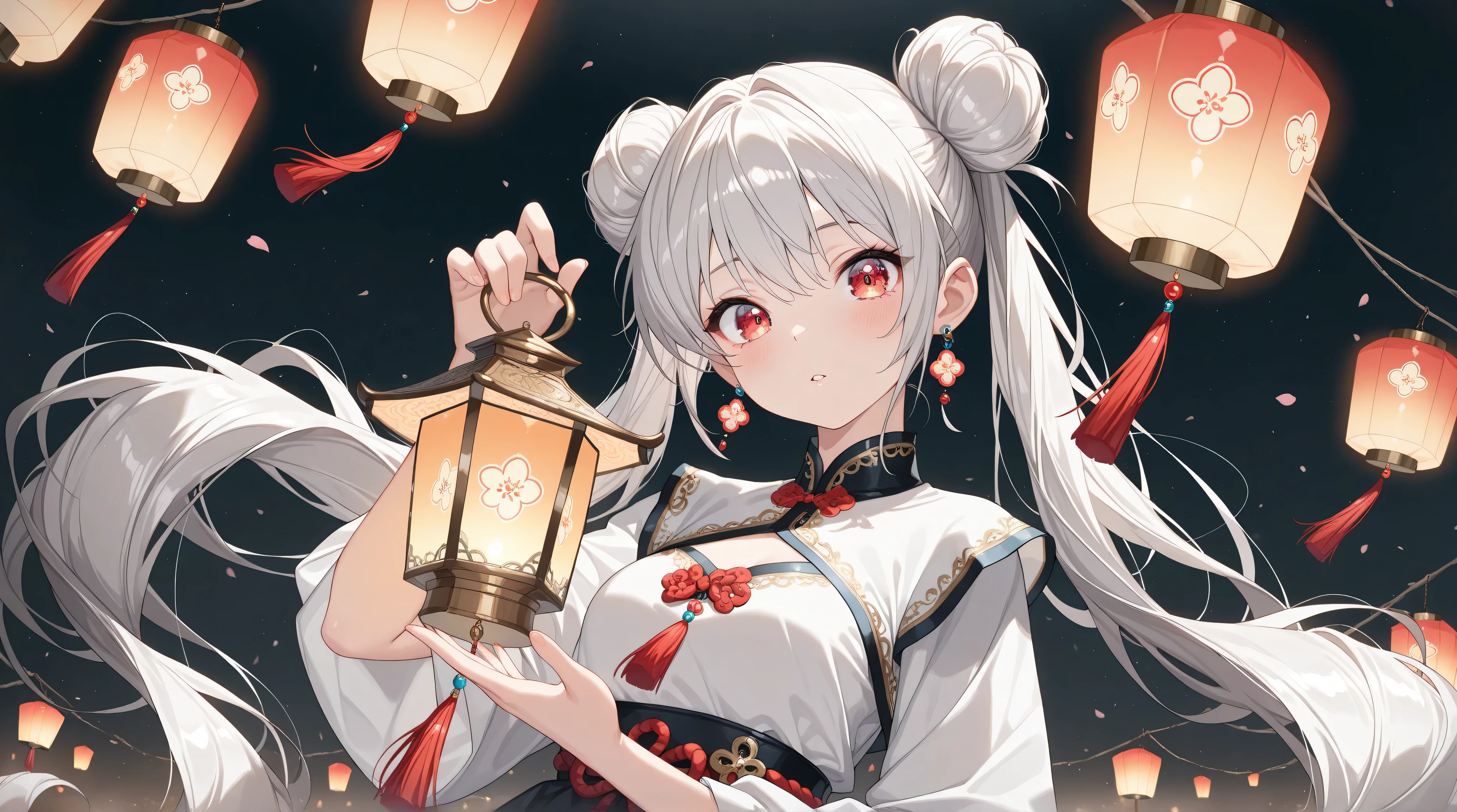(anime keyvisual, character focus, at viewer), panorama, (1girl, solo, beautiful Bun-style twin tails, white & gray hair), Lantern earrings, the earrings are luminous, Women's traditional clothing, holding a lantern in his hand, BREAK Beautiful and colorful lanterns\Shine brightly\Detailed decoration,
((masterpiece, best quality, extremely detailed, absurdres, very aesthetic, amazing quality, Floating in the Dark, Beautiful nighttime expression, contrast between light and dark))