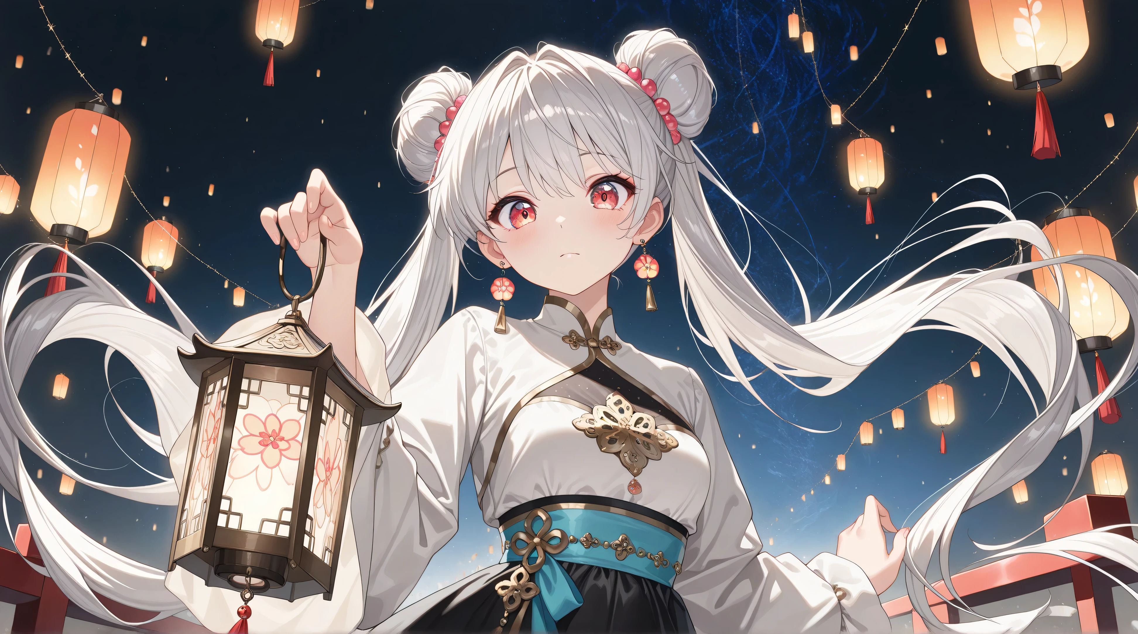(anime keyvisual, character focus, at viewer), panorama, (1girl, solo, beautiful Bun-style twin tails, white & gray hair), Lantern earrings, the earrings are luminous, Women's traditional clothing, holding a lantern in his hand, BREAK Beautiful and colorful lanterns\Shine brightly\Detailed decoration,
((masterpiece, best quality, extremely detailed, absurdres, very aesthetic, amazing quality, Floating in the Dark, Beautiful nighttime expression, contrast between light and dark))