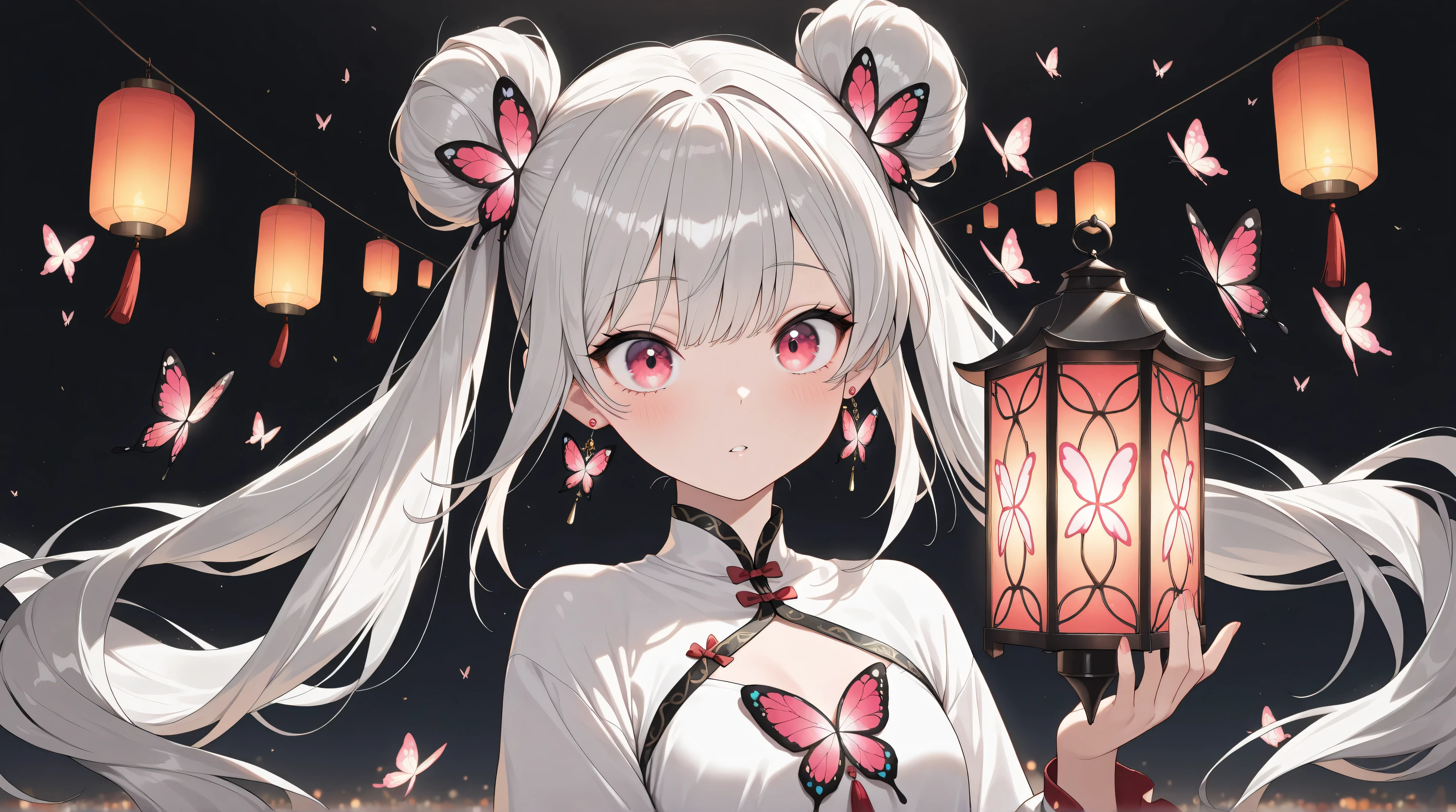 ((masterpiece, best quality, extremely detailed, absurdres, very aesthetic, amazing quality)), panorama, (1girl, solo, beautiful Bun-style twin tails, white & gray hair), Lantern earrings, the earrings are luminous, Women's traditional clothing, holding a lantern in his hand, BREAK Beautiful and colorful lanterns\Shine brightly\Detailed decoration,
(Floating in the Dark, Beautiful nighttime expression, contrast between light and dark, Beautiful gradational scarlet butterflies fluttering around)