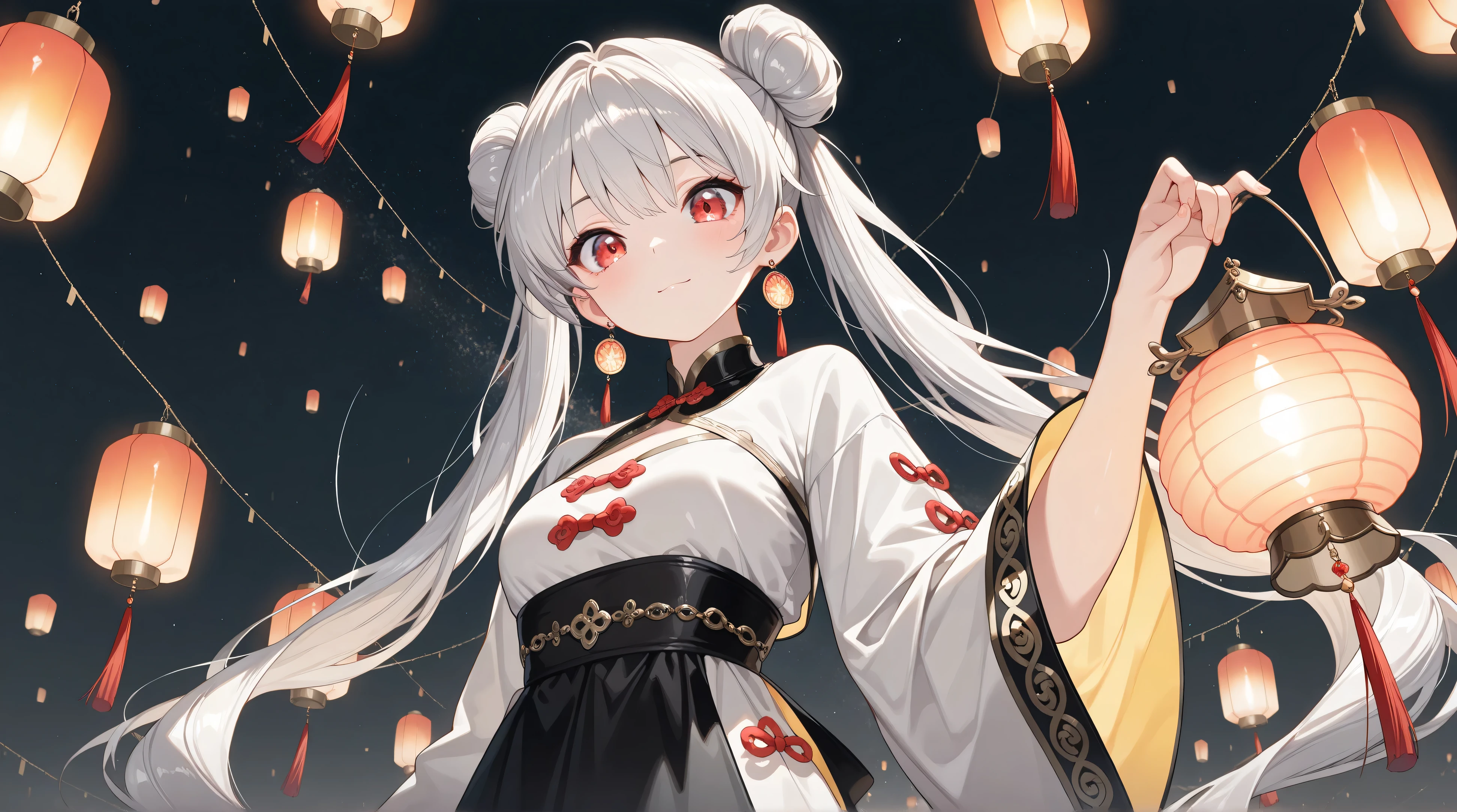 (character focus, from below, facing at viewer), panorama, (1girl, solo, beautiful Bun-style twin tails, white & gray hair), Lantern earrings, the earrings are luminous, Women's traditional clothing, holding a lantern in his hand, BREAK Beautiful and colorful lanterns\Shine brightly\Detailed decoration,
((masterpiece, best quality, extremely detailed, absurdres, very aesthetic, amazing quality, Floating in the Dark, Beautiful nighttime expression, contrast between light and dark))