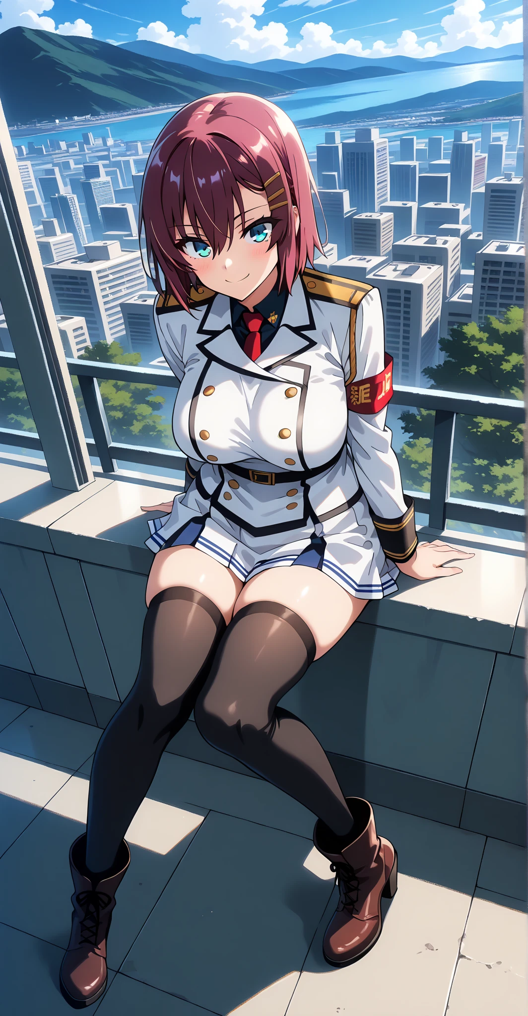 ((1girl)),((alone)), arima kana,(masterpiece), (best quality), (ultra detailed), (best illustration), (best shadow), (absurdities), sharp focus, cowboy shot , dynamic posture looking at the viewer, big breasts, narrow waist, wide hips, wide thighs, round butt, erotic, romantic, (very detailed eyes, lips 1.1), very detailed eyes, eyes, Very detailed face, Very beautiful face, height full, beautiful slim figure, femininity, expressive appearance, elastic small breasts, increased sexuality, short hair, red hair, beret, red eyes, , blue beret, red bow tie, collared shirt, blue jacket, open jacket, long sleeves , gray skirt, short skirt, white socks, brown loafers, bare thighs, defined body, perfect and beautiful body, perfect and beautiful, closed mouth, calm expression, blushing, (sexy pose: 1.2), ((only)), foot: 1.3, outdoor, school, garden, cherry trees, yard, looking forward ((focus on hips), point of view (from below), red blush, perfect anatomy, perfect hands,