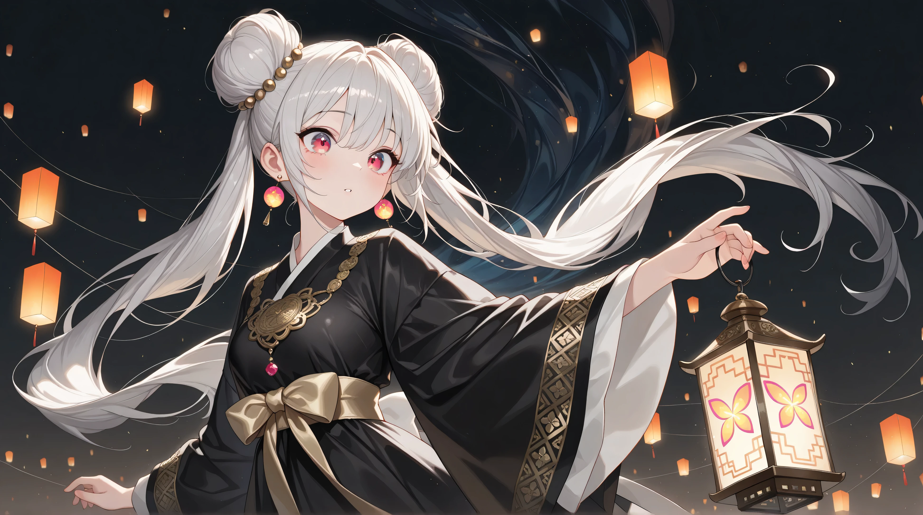 panorama, (1girl, solo, beautiful Bun-style twin tails, white & gray hair), Lantern earrings, the earrings are luminous, Women's traditional clothing, holding a lantern in his hand, BREAK Beautiful and colorful lanterns\Shine brightly\Detailed decoration,
((masterpiece, best quality, extremely detailed, absurdres, very aesthetic, amazing quality, Floating in the Dark, Beautiful nighttime expression, contrast between light and dark))