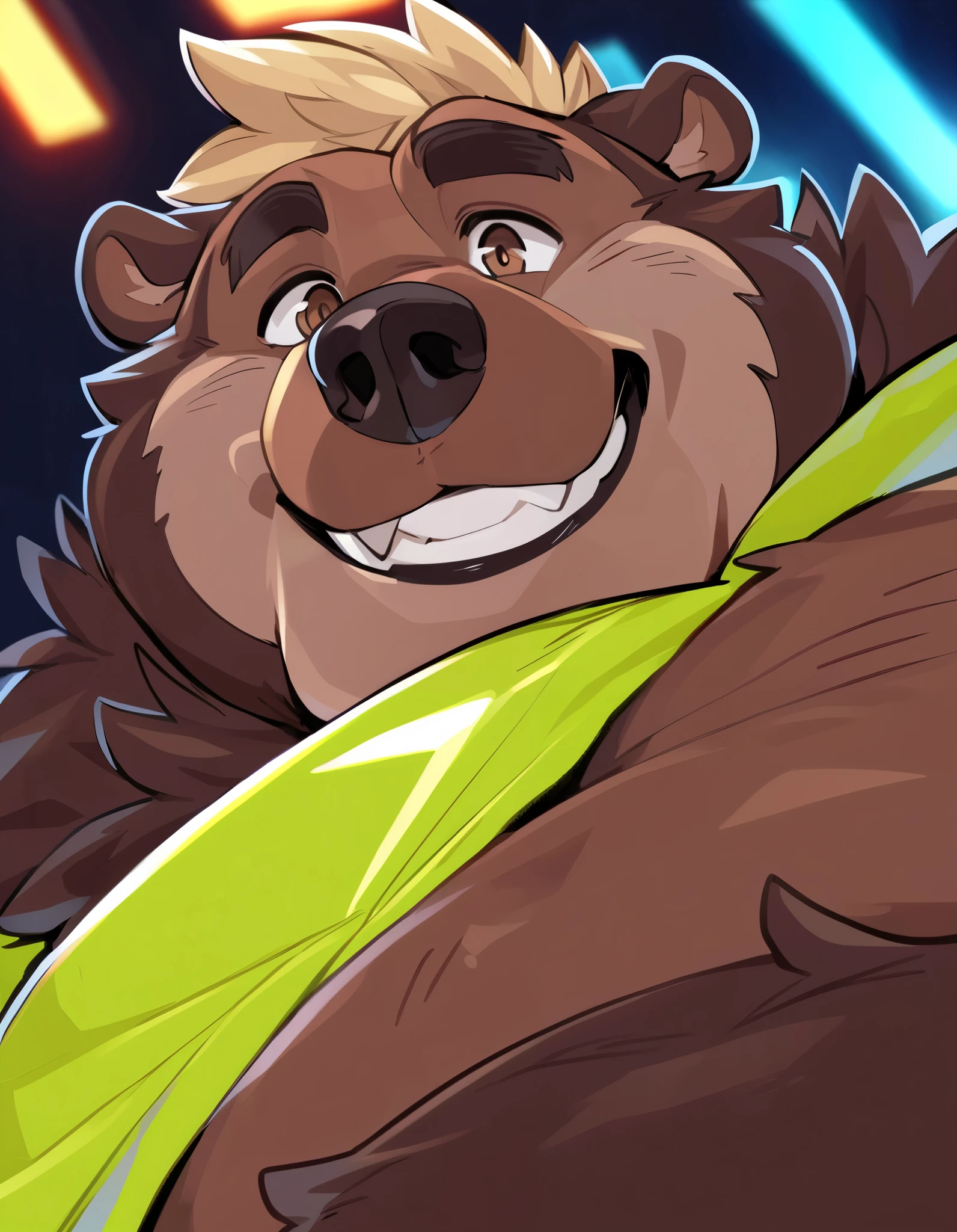 Close-Up Portrait: Excited obese Grizzly Bear flatbed-Driver; showing off his chartreuse safety shirt/uniform and charming smile; grand stature; Gray/Brown fur,, sparkling dark-brown Eyes, large smoothed muscles, Detailed body fur, burly huge stature; masterpiece, Anime Style, Two-tone body fur, brown body hair, clear blond body hair; hard bulky; Detailed face, Thin eyebrows, Fine grain, thick jaw, Detailed body, neon ultraviolet darkness, Detailed hands, Shining Body, Shiny body, Motion Blur, Dynamic Angle, looking at viewer, close-up OP-POV looking up; by FTGBear;