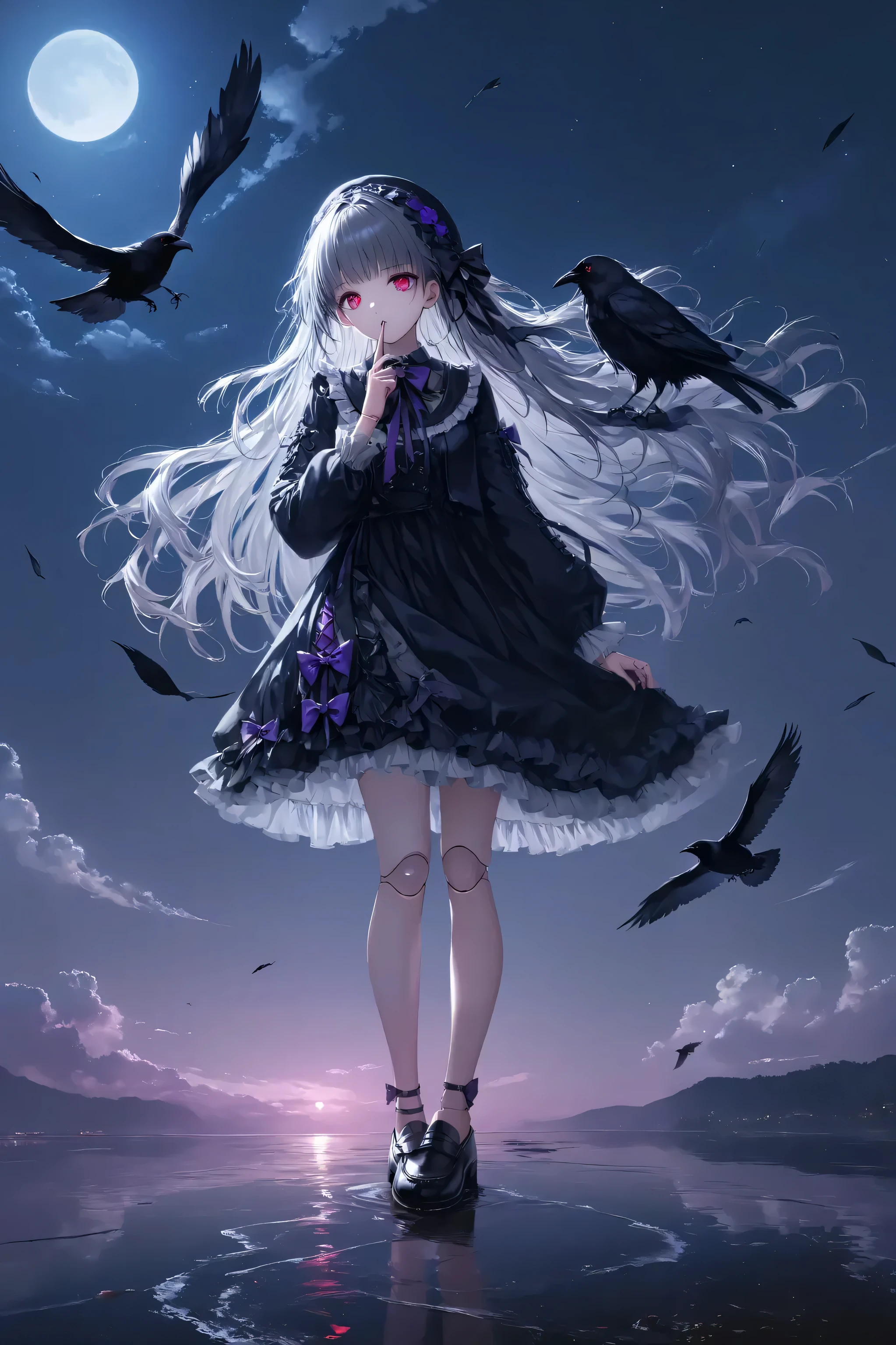 huge filesize, artbook, realistic, real, sky, stars, night, Red-eyed crow, doll, grey hair , long hair, purple eyes, glowing eyes, medium breasts, gothic ta, loafers, hair bow, crazy,  heterochromia  , Stand, shushing, full body，（（（（Full body doll joints））））
