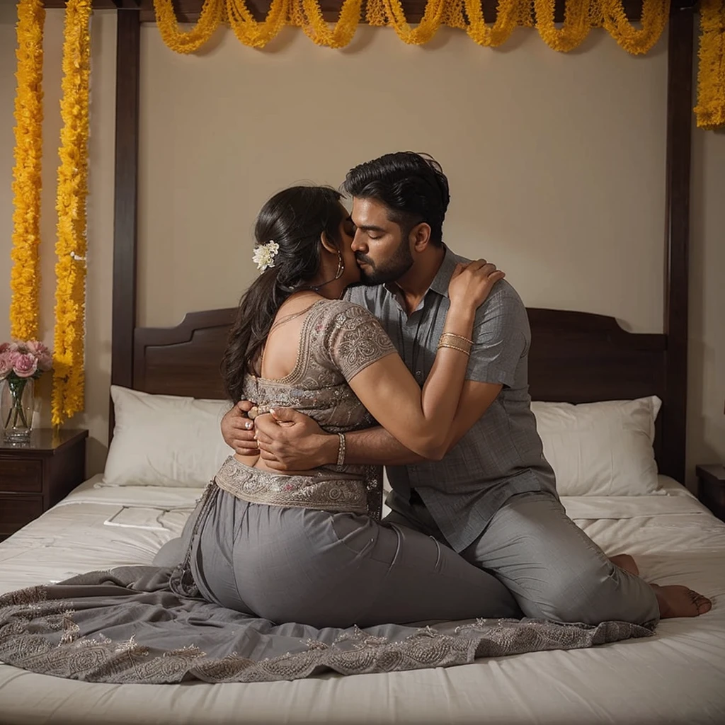 A radiant, full-figured plus sized South Indian 45 year old bride wearing a transparent blue colour silky saree standing hugging and kissing a 23 year old boy in a living room, , captured in a full-body image with vibrant hues and meticulous details. Full body image