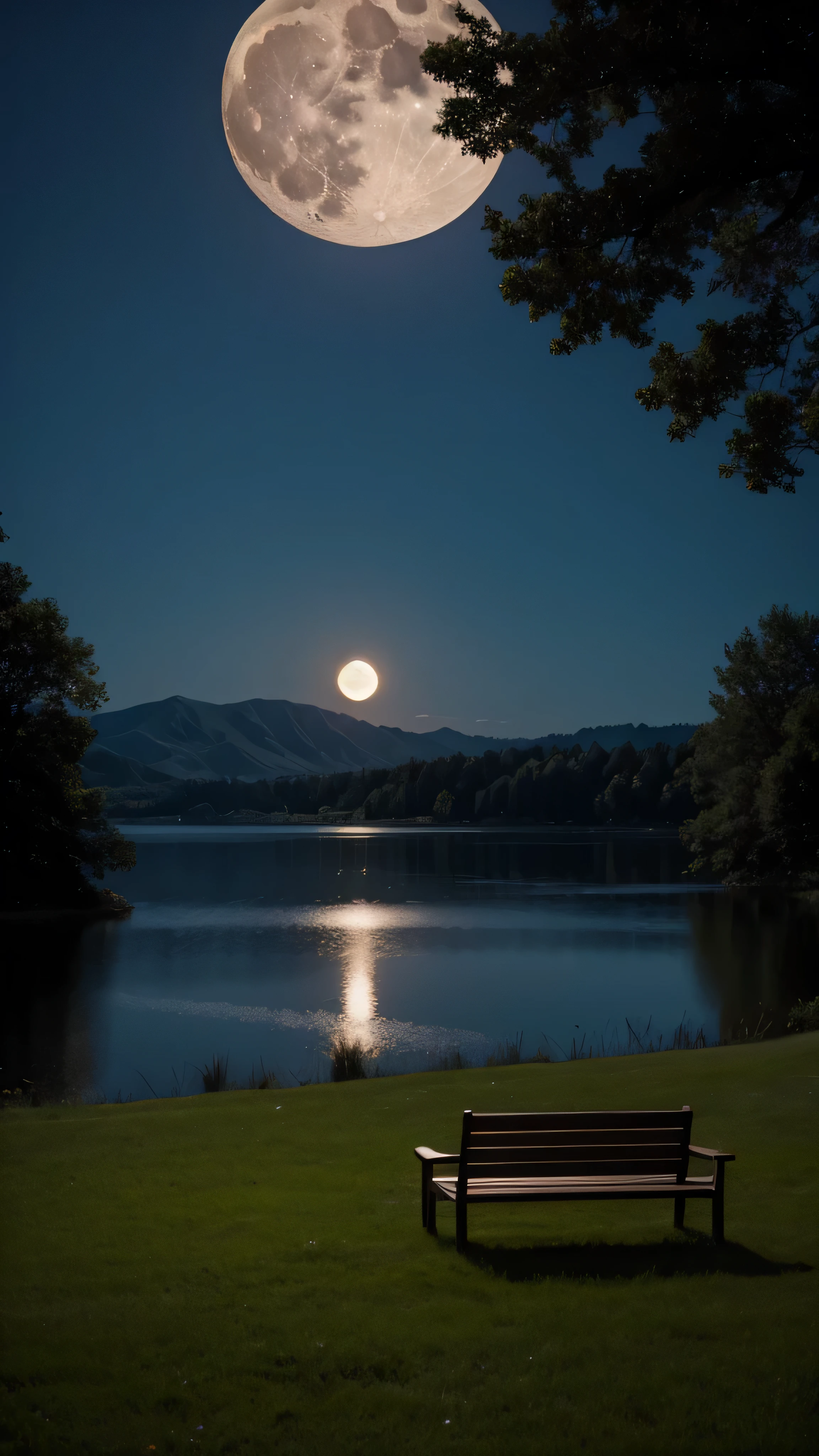 there is a bench on the lawn near the lake and a giant tree with the moon reflecting in the water, Cows grazing near a tree, the moon is reflecting in the water , full Moon in the background, full Moon in the background, big Moon in the background, big Moon in the background!, (Moon in the background), Moon reflected on the water, Moon in the background, A perfect and clear moon, Moon in the background