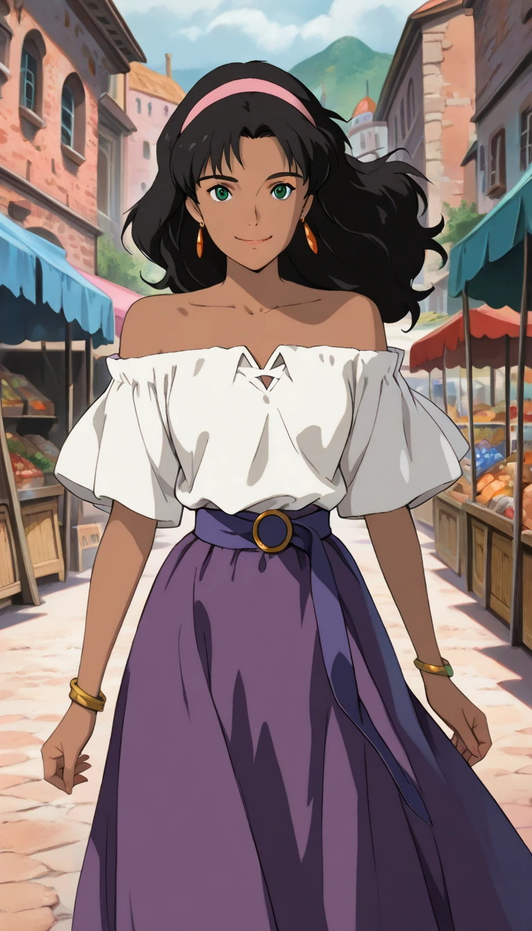 (a girl as esmeralda), (extremely detailed CG unit 8k wallpaper),(master part), (best quality), (ultra detail), (best illustration),(ghibli style), cowboy shot,(Sharp eyeliner, ombre, detailed eyes:1),market, crowd, outdoors, GHIBLI_Background,break,serious, smirk, upper body, hoop earrings, green eyes,hairband, long black hair, dark skin, bracelet, long purple skirt, white shirt, off shoulder,cleavage