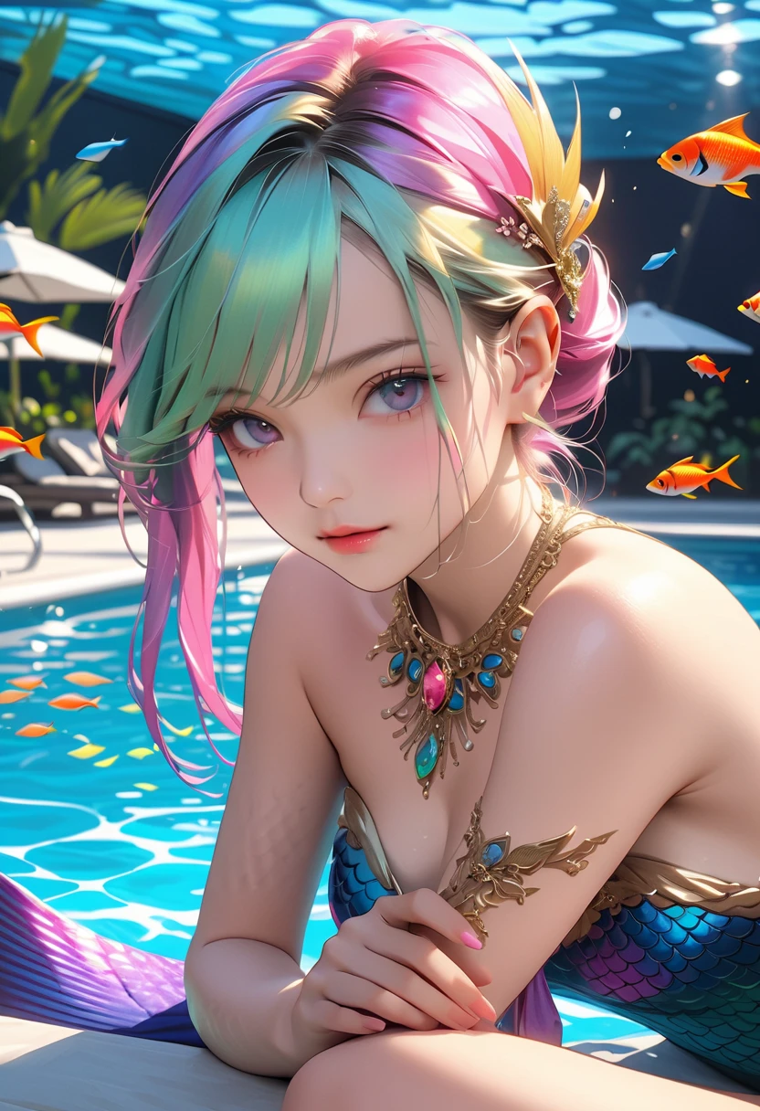 masutepiece, High resolution, 8K, anime woman, Delicate and detailed writing 、Detailed digital illustration、(((Straight pigtail)))、Shiny hair、Bangs、a very beautiful woman、Eyes are double, Large, (((Bust is an A cup)))、High image quality, High quality、Detailed background、The inside of the eye shines like a diamond、Light purple hair、Gradient pupil、(((2 arms、4 fingers, 1 thumb)))、Detailed female face、Very beautiful and cute woman、、细致背景、​masterpiece、Soft Focus , Bright gradient watercolor , Lens Flare , (((Glitter))) , Glow , Dreamy , Light Purple Ribbon、(((Very Beautiful Light Purple Rose Hair Accessories)))、Big smile、(((mermaids)))、(((Little Mermaid)))、underwater background、Splash、Filled with fish in the water、(((White Seashell Bikini)))