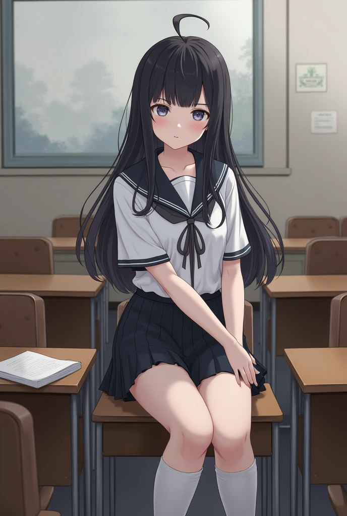 A young woman, 18 years old, with long purple hair, wearing a sailor uniform, sitting in a classroom (School 1.5 in the background) (Serious expression, Cold 1.5) (Highest quality: 1.1) (masterpiece: 1.3) with an unparalleled masterpiece, Surreal 8K, Perfect artwork, Super Detail, Highest quality, masterpiece 4K wallpaper aesthetics, masterpiece, Award-winning works, Official Art, Cinema Lighting