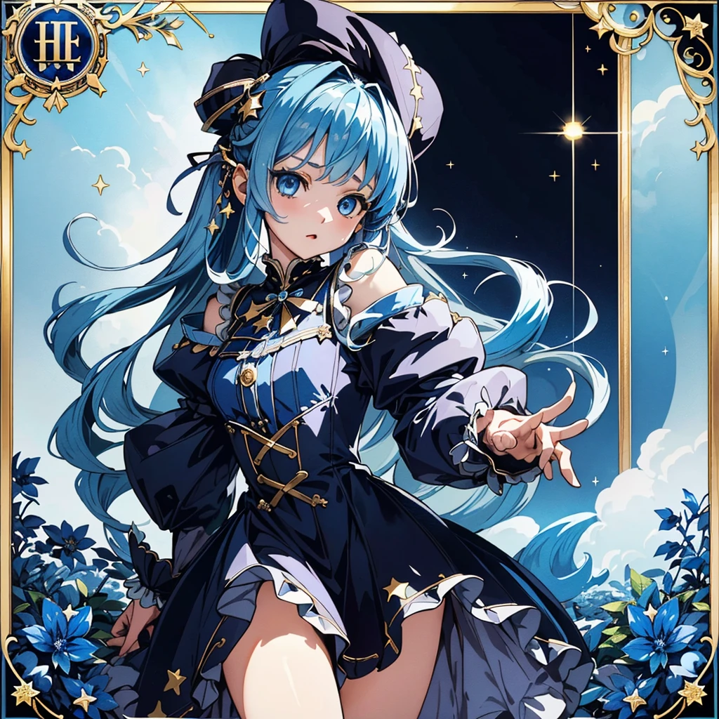 1girl, solo, 1girl, Lilah \(Genshin Impact\), maid, choker, hair between eyes, star \(symbol\), hat, long hair, skirt, light blue hair, looking at the viewer, yellow eyes, shining eyes, earrings, jewelry, black dress, black stockings, witch, bangs, black shoes, landscape, night sky, star \(sky\), moon, starry sky, night, outdoor, clouds, reflection, water, magic, tarot