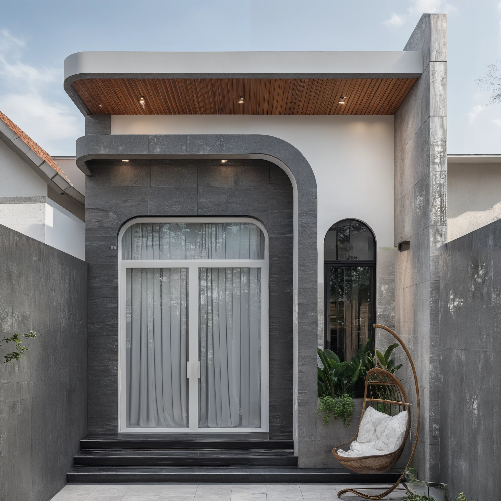 (masterpiece:1.2), best quality, photo of A two-story modern house with white walls and dark tiles on the roof, tree and plant, streetcapes, natural light, The exterior of an elegant single family home features large windows, a dark gray door frame.