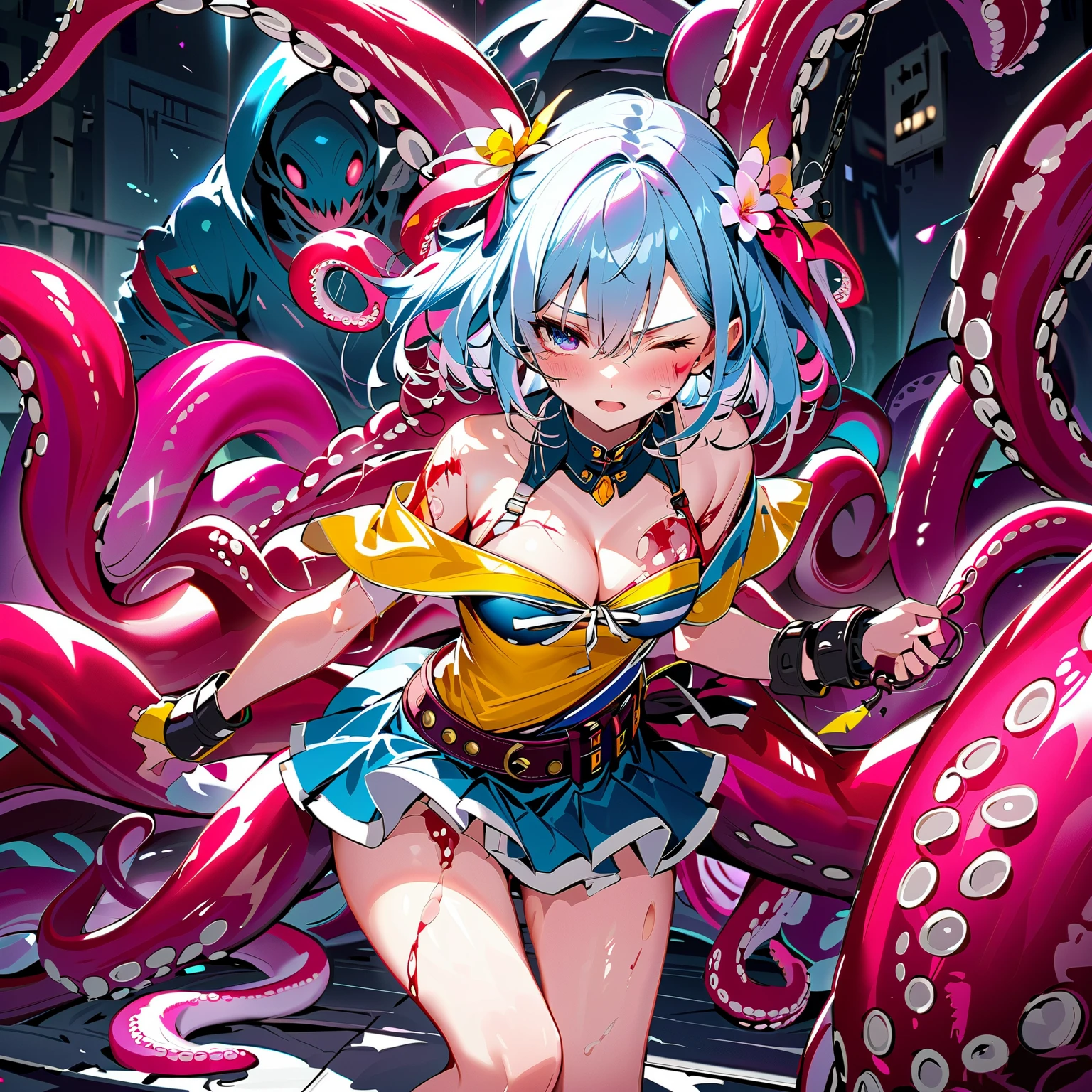 masterpiece、Highest quality、8k、Noise Reduction、Hatsune Miku VOCALOID、Twin tails、Light blue hair、Light blue eyes、Beautiful Body、Big Breasts、Completely naked、Black tights、Embarrassed face、The tentacles wrap around the limbs、Raped by tentacles