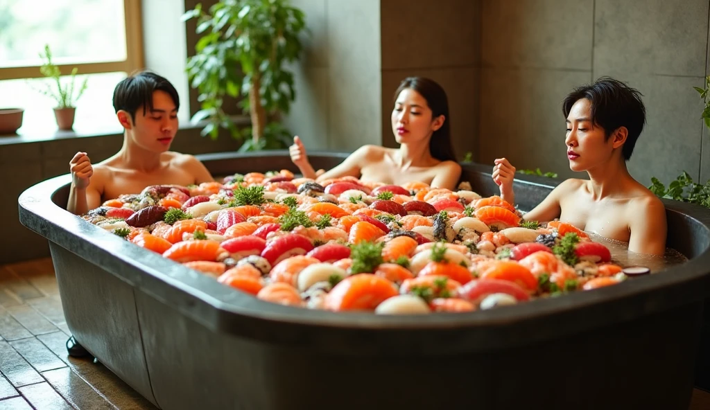 A bathtub made from sushi。People are bathing。写真品質、 high definition ...
