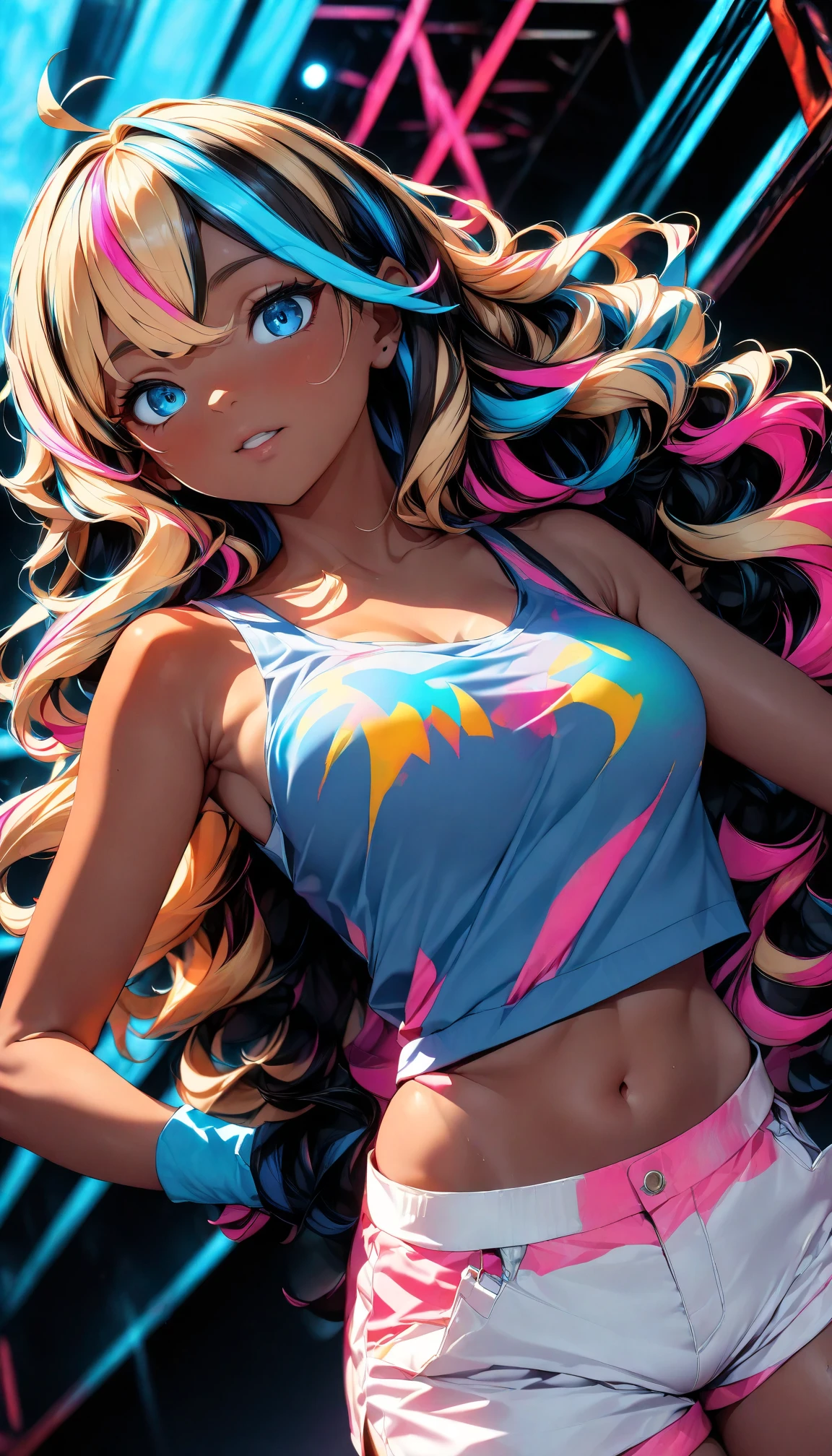 (high quality, 8k, 4k, high contrast, masterpiece:1.2, best quality, best aesthetics), (dynamic angle), alone, (((young woman,Beautiful Black Woman, Ebony 1 Female))), (small face), (high detail skin:1.2), cute face, (rainbow hair), beautiful breasts, (slim body shape:1.4), very detailed顔と肌の質感, look sideways, place your hands behind your body, deep ebony:1.2, ((Long bangs on one side, asymmetrical bangs, one eye is hidden)), slender body, ((open your mouth and smile:1.2)), big breasts, sitting:1.2, normal hip joint, Composition from below, (((colorful swimwear:1.2))), Coast at dusk, staring eyes, shiny skin, perfect fingers, five fingers, background bokeh, bright colors, very detailed,