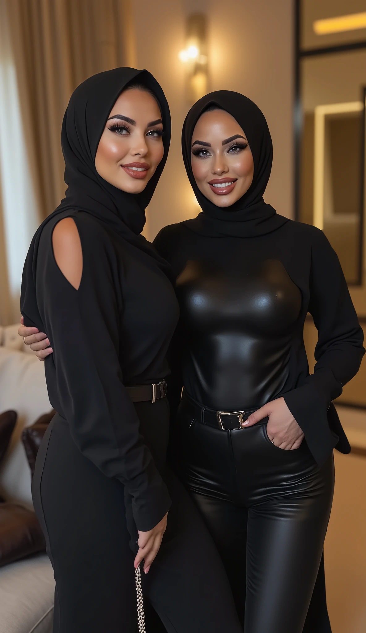 (Ultra-realistic), (high resolution), ((((upperbody view)))), two beautiful Arab women, beautiful face, instgram model, alluring beauty, red lipstick, full make-up, ((wearing stylish hijab)), ((huge breasts)), ((big breasts)), ((wearing black jumpsuits)), standing, smiling, in a luxurious villa, luxurious hall background.