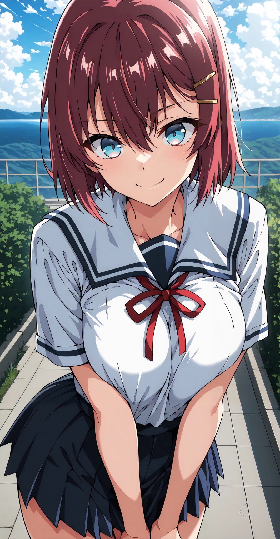 masterpiece, best quality, amazing quality, very aesthetic, absurdres, newest, scenery,highly detailed,high-resolution, {{Increase saturation:1.2、Highly colored}} looking at viewer,smile, solo, AkaneNanao,1girl,red hair,short hair,hairclip,blue eyes, Medium breasts,
school uniform, neck ribbon, school uniform, short sleeves, skirt, shirt