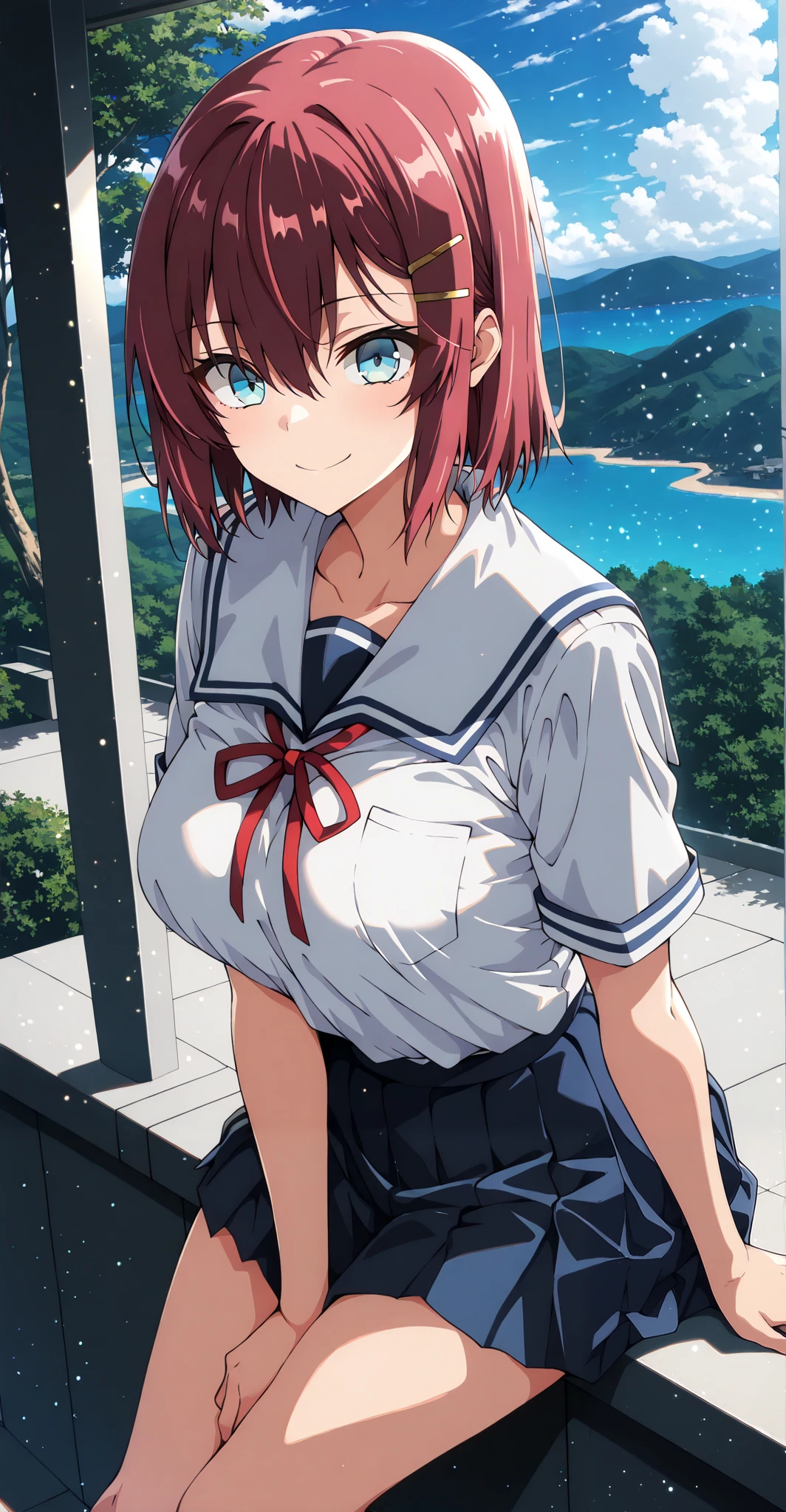 masterpiece, best quality, amazing quality, very aesthetic, absurdres, newest, scenery,highly detailed,high-resolution, {{Increase saturation:1.2、Highly colored}} looking at viewer,smile, solo, AkaneNanao,1girl,red hair,short hair,hairclip,blue eyes, Medium breasts,
school uniform, neck ribbon, school uniform, short sleeves, skirt, shirt