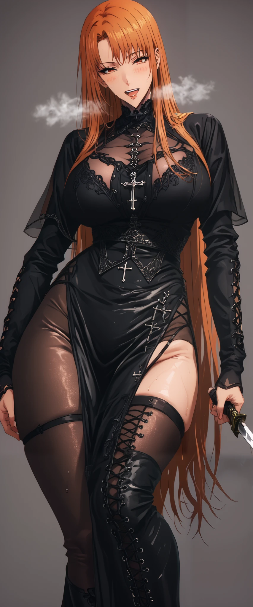 score_9, score_8_up, score_7_up, score_6_up, uncensored, Yuuki Asuna, absurdly long hair, orange eyes, orange hair, very long hair, anime coloring, anime screencap, (voluptuous:1.3), (thick:1.3), BREAK UHD, retina, masterpiece, accurate, anatomically correct, textured skin, super detail, high details, high quality, award winning, best quality, highres, 4K, excessive sweating, sweating, sweating drop, (gasping, heavy breathing:1.3), (skindentation:1.2), perfect eyes, beautiful eyes, eyelashes, makeup, detailed body, perfect body, BREAK, smirk, upper teeth, heavy breathing, large breasts, detailed body, detailed eyes huge breasts, sweating, a woman holding a knife, sfw huge breasts, slim body, BREAK ruanyi0849,black bodysuit,black dress,black gloves,cross-laced clothes,pelvic curtain,side slit,see-through,bodystocking