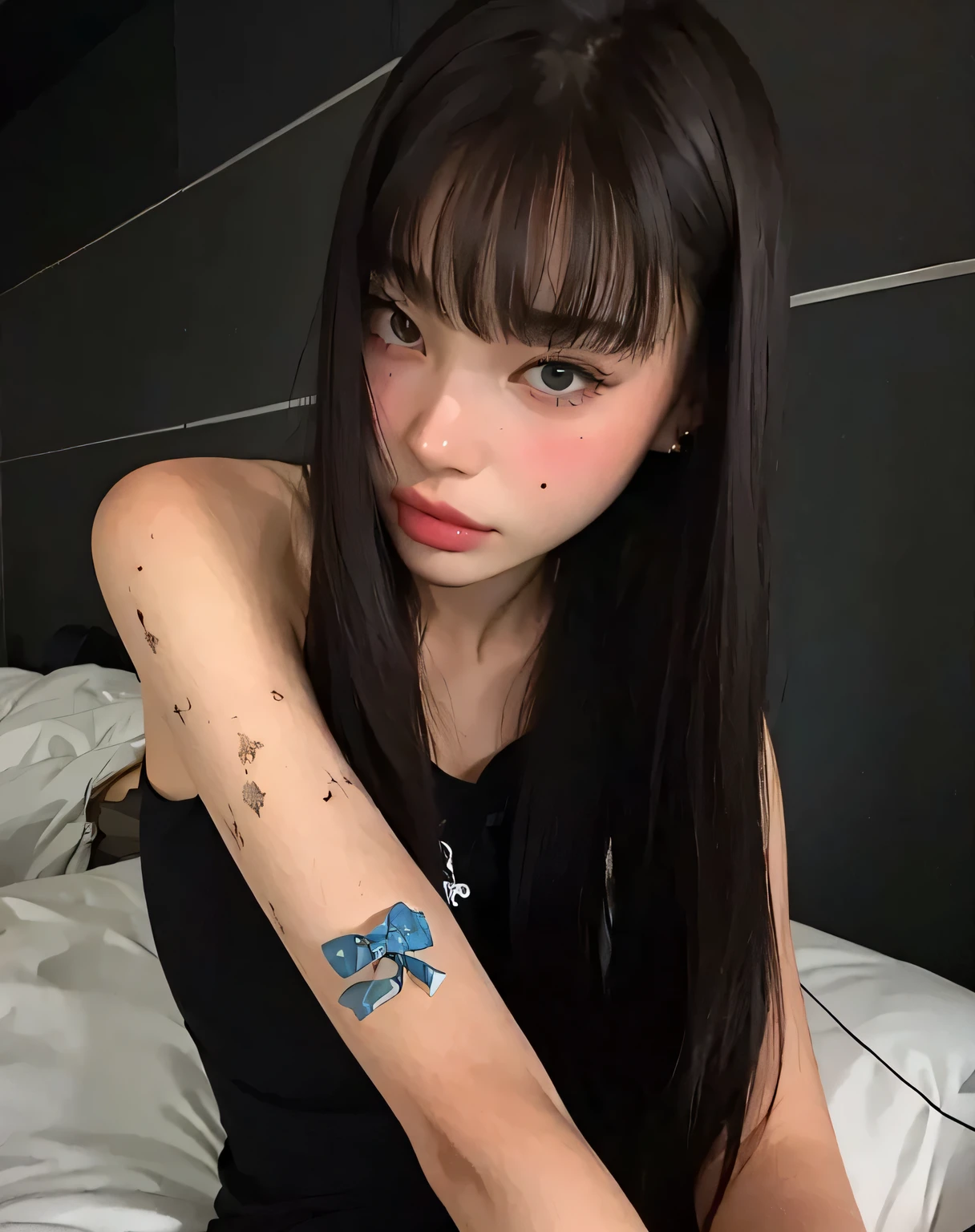 Beautiful woman with Tomie cosplay, two faces, demon's eyes, Scars, long black hair, face of Karina from Aespa, woman with a face coming out of her face.
