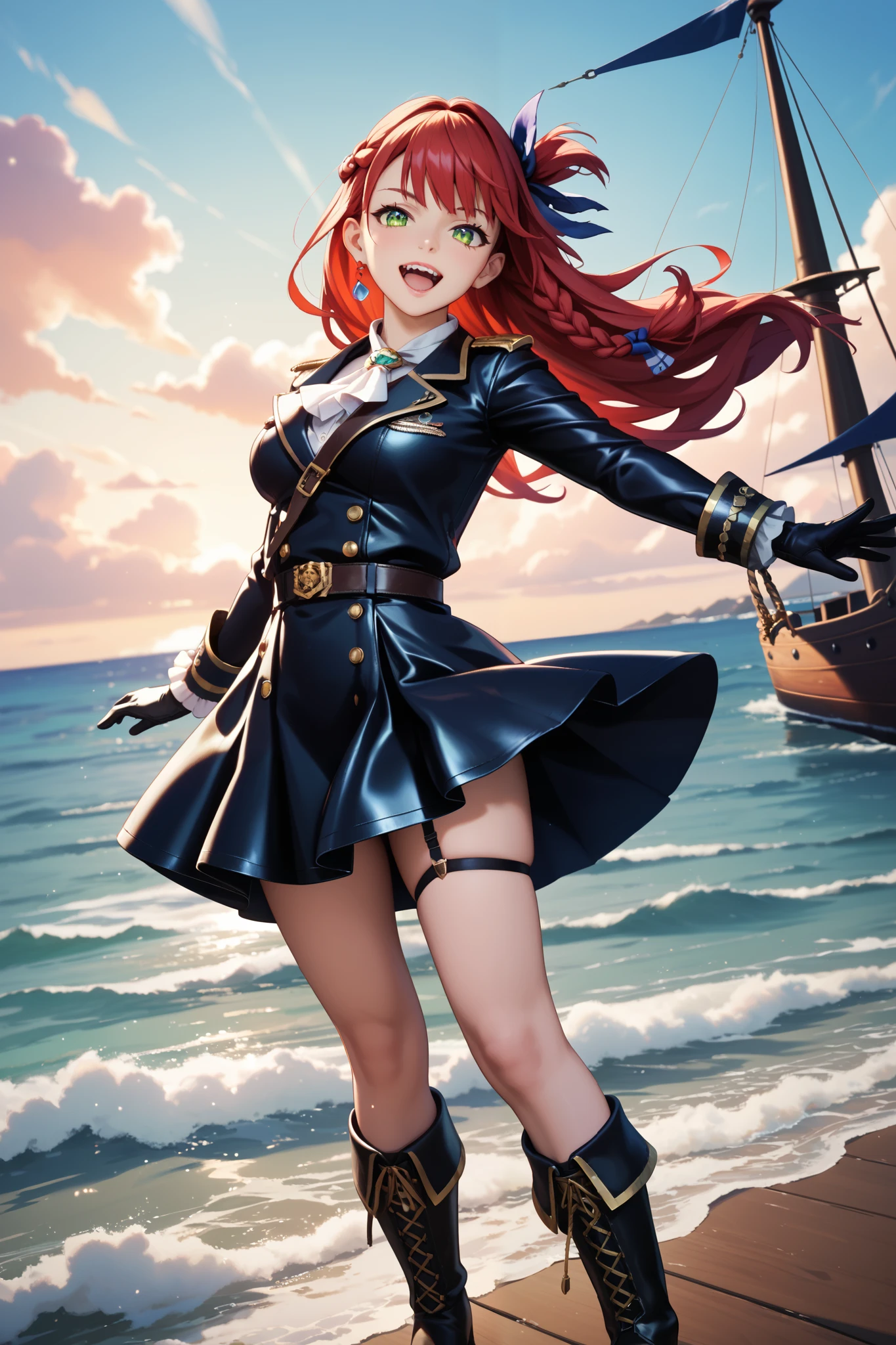 ( Masterpiece : 1.2), ( better quality: 1.2), ( very detailed: 1.3), ( sophisticated detail ),  High resolution,  best illustration , 4K,  perfect lighting ,  highly detailed pirate ship, ocean, wind breeze ,  full height,  full height shot,  perfect face detail,  detailed eyes,  detailed background ,  realistic photo ,  sharp focus 1 .2, (( looking at camera 1 .2)), One,  1girl,  perfect human anatomy ,  perfect legs, perfect hands,  perfect face,  long red hair ,  braid in hair , , leather skirt,  garter sensation ,  black gloves with gold details ,  screaming neckline ,  The seductive look , Women's boots, hard , woman with her mouth closed , green iris,  looks at the viewer ,  perfect lighting , epic realism