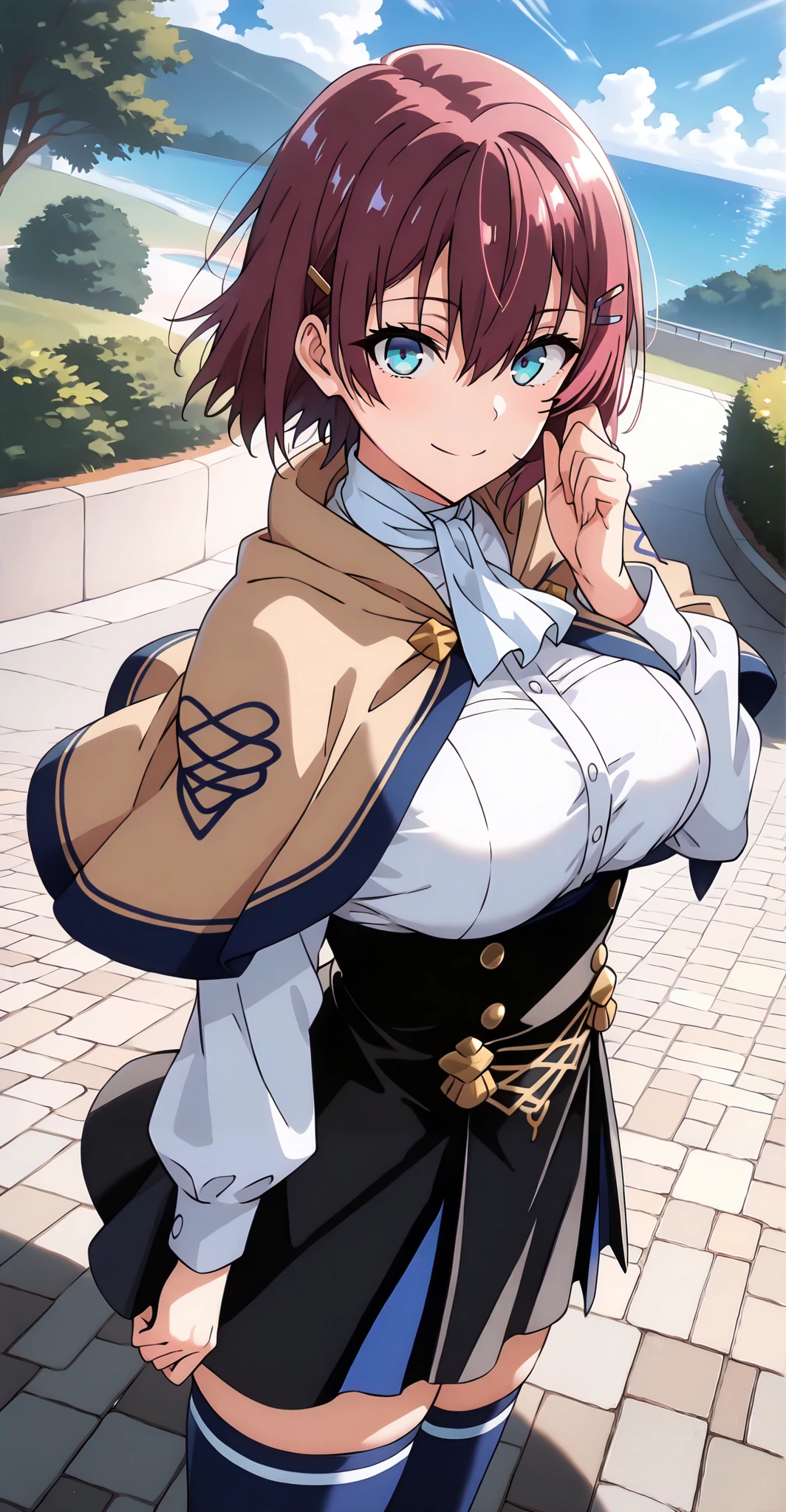 masterpiece, best quality, amazing quality, very aesthetic, absurdres, newest, scenery,highly detailed,high-resolution, {{Increase saturation:1.2、Highly colored}} looking at viewer,smile, solo, AkaneNanao,1girl,red hair,short hair,hairclip,blue eyes, Medium breasts,
beige capelet, white shirt, white ascot, high-waist skirt, black skirt, zettai ryouiki, blue thighhighs