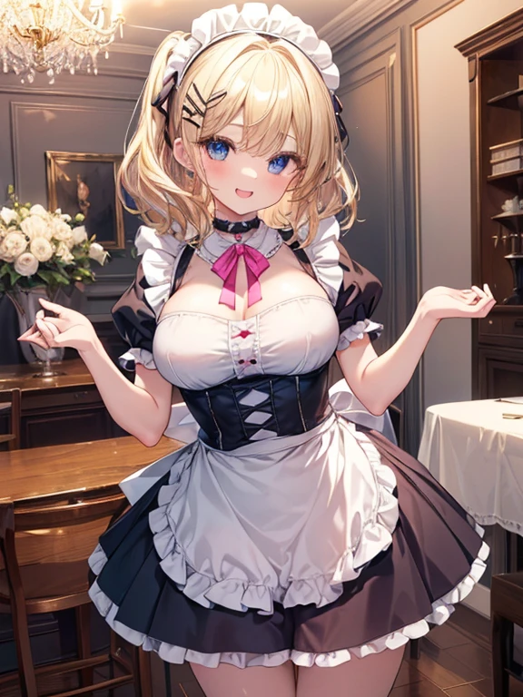 Solo Girl,20-year-old, Medium Hair,Twin tail hair,Blue Ribbon,View your viewers,Dark blonde hair, blue eyes, big breasts,Happy,smile,Maid clothes,Cleavage,mini skirt,Long sleeve,indoor,Western-style building,highest quality, High resolution, Very detailed, Detailed Background, Perfect lighting
