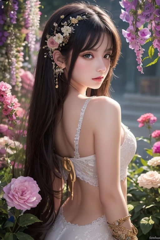 high quality, 8K Ultra HD, full color, etching aquatint, fine lines and shadows, In the heart of Floral Fantasy Wonderland, behold a captivating and ethereal spirit of a beautiful maiden, gracefully adorned with the essence of blooming flowers. Her golden long flowing hair, like silken threads of golden, cascades gracefully down her back, interwoven with delicate floral accents that mirror the surrounding blooms. Her eyes, the color of the deepest forest emeralds, sparkle with a hint of magic and mystery, reflecting the beauty of the floral symphony that surrounds her. In her hand, she holds a delicate bouquet of the most exquisite flowers, their vibrant colors mirroring her own radiant aura. With the clarity and detail of 8K Ultra HD images, every petal, every hue, and every expression of her otherworldly charm come to life in vivid splendor, by yukisakura, high details,