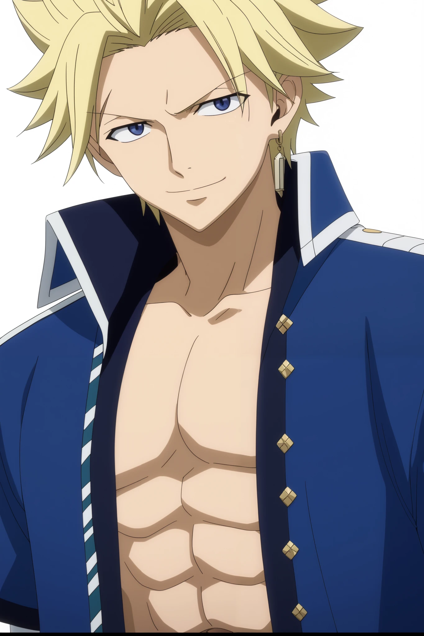 Close-up, looking at viewer, score_9, score_8_up, score_7_up, source_anime, StingFT, Sting blonde hair, light yellow Sting, 1boy, male focus, anime screencap. He is wearing a navy blue satin robe with white piping details, loosely tied at the waist, revealing part of his chest. Underneath, he wears matching navy blue satin shorts with an elastic waistband. The fabric has a soft shine, adding a luxurious feel. The background is a simple bedroom with white walls, creating a cozy and minimalistic atmosphere. Official style, smile, happy.