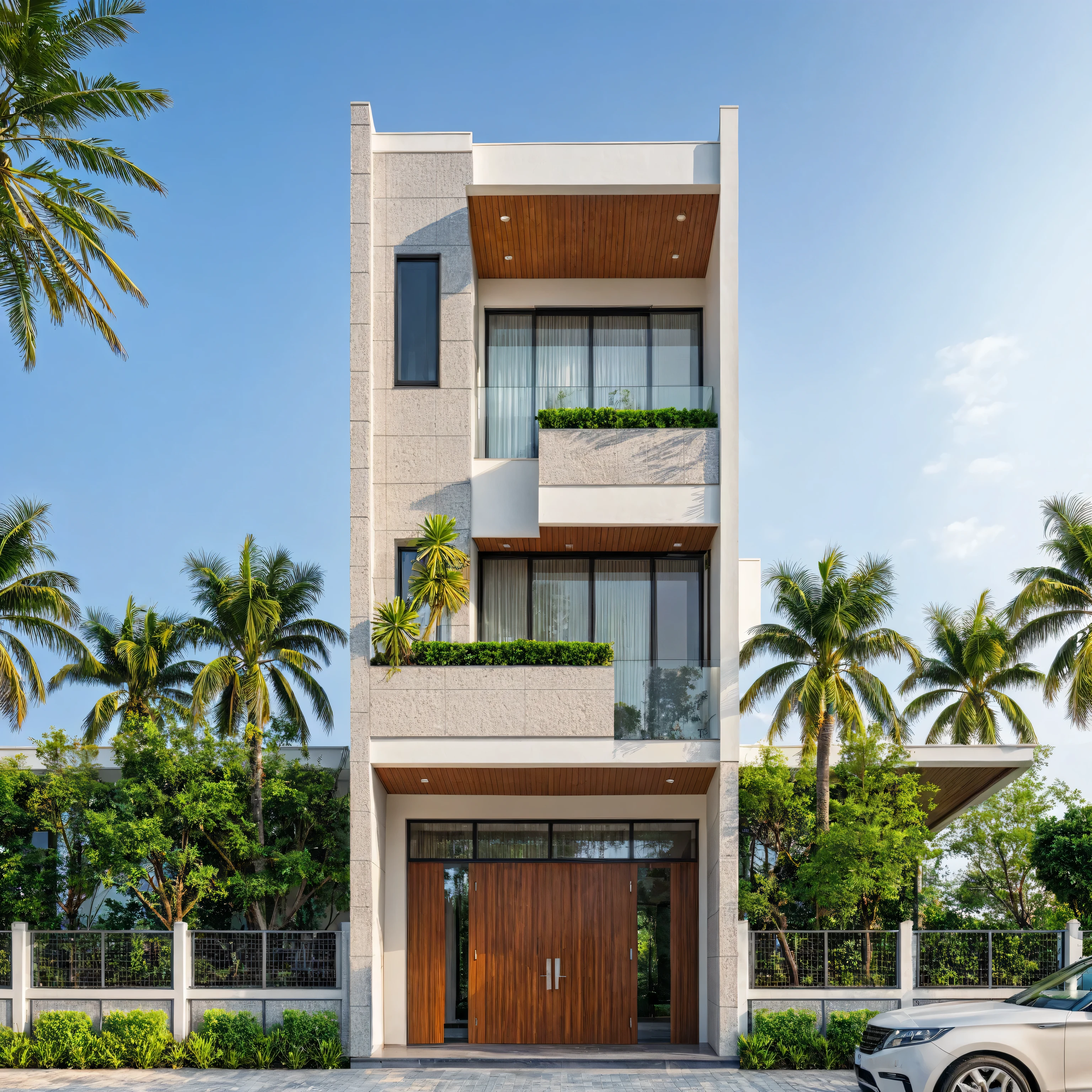 masterpiece, best quality, exterior design, single 1 storie modern house on the Vietnam village, modern dark tiled granite and white walls facade, wooden ceiling, large glass, minimalist modern style, green shrubs and tropical tree background, natural light, clear sky morning background, large door and windows,