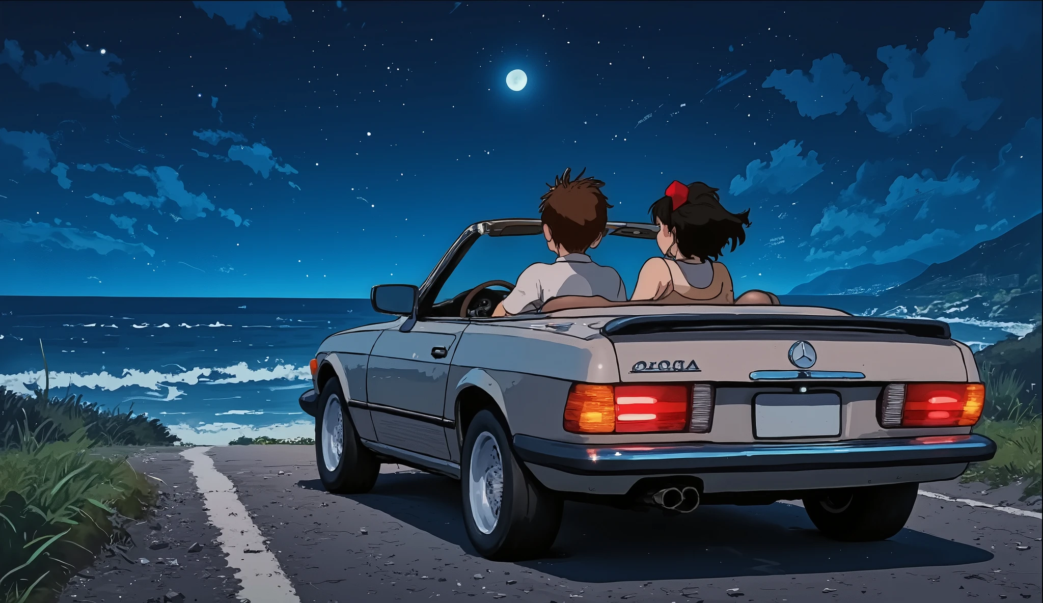 anime style couple, a man with curly hair and a woman with short wavy black hair 、 riding a Mercedes to the coast on a full moon night. where is he driving ?. And in the form of a picture 楽しそうな couple