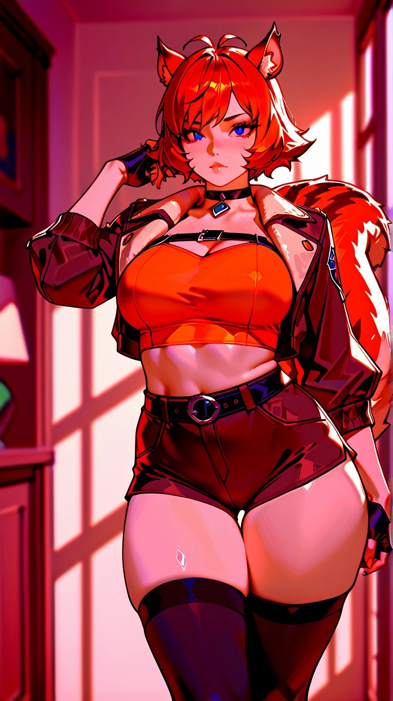 masterpiece, best quality, ultra-detailed, adult Cala 1girl, solo, race queen, cropped jacket, highleg bikini, micro shorts, thigh boots, peaked cap, large breasts, bracelet, collar, full body, surprised, worried, red hair, spiky hair, full body, looking at the viewer, female focus, green eyes
