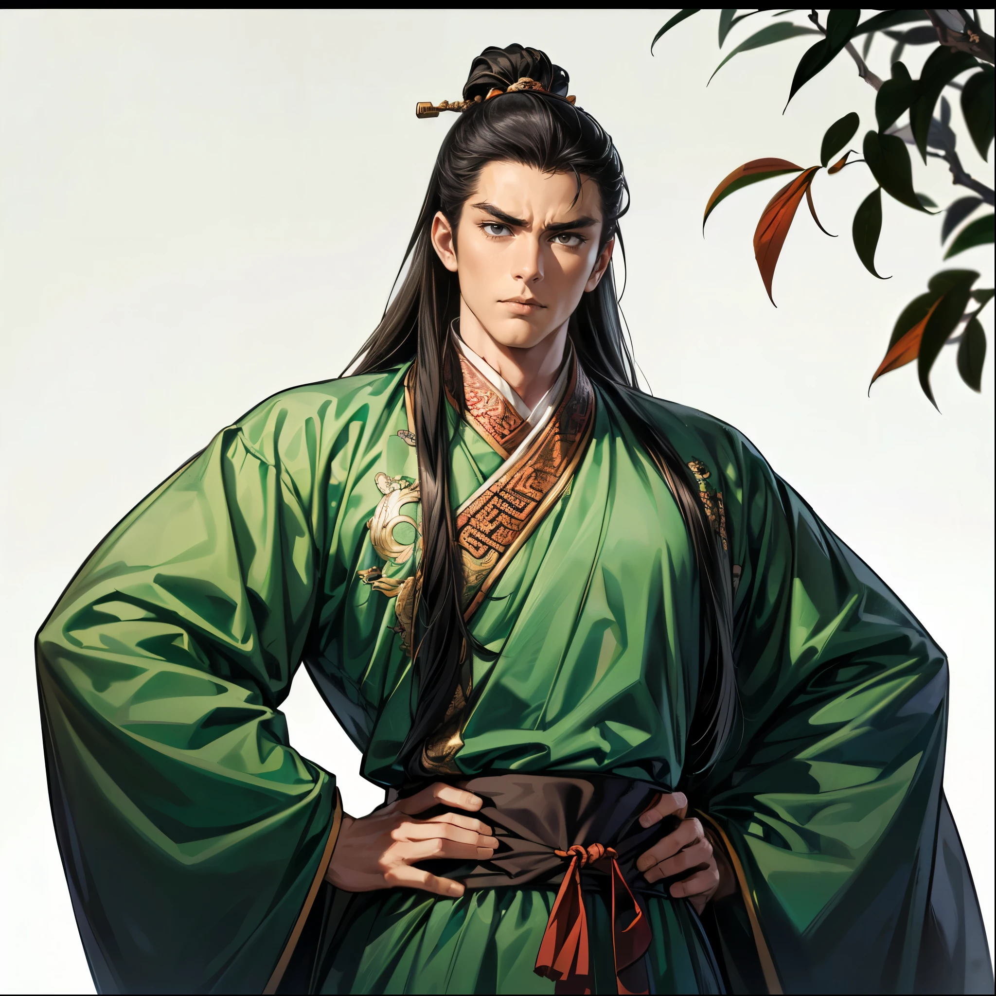 ( top quality,4K,8k, Hi-Res, Masterpiece:1.2),super detailed,(super fine illustration),(( A Man from Ancient China )),30 years ,Governor of the Three Kingdoms ,(Narrow eyes), detailed eyes:1.2, perfect eyes,(( Attractive Dark Eyes )),(( long black hair perfectly set,slicked back hair))),(( with a sad expression,Thin eyebrows,Mossy Cheeks )),cinematic lighting, soft shadows,((ancient Chinese black costume:1.3, looking up,from side)),(( cowboy shot:1.2)),(( WHITE BACKGROUND :1.3,simple background:1.3)),(( Standing:1.3,Depicted so you can't see everything from the tip of the head to the bottom of the waist:1.3))