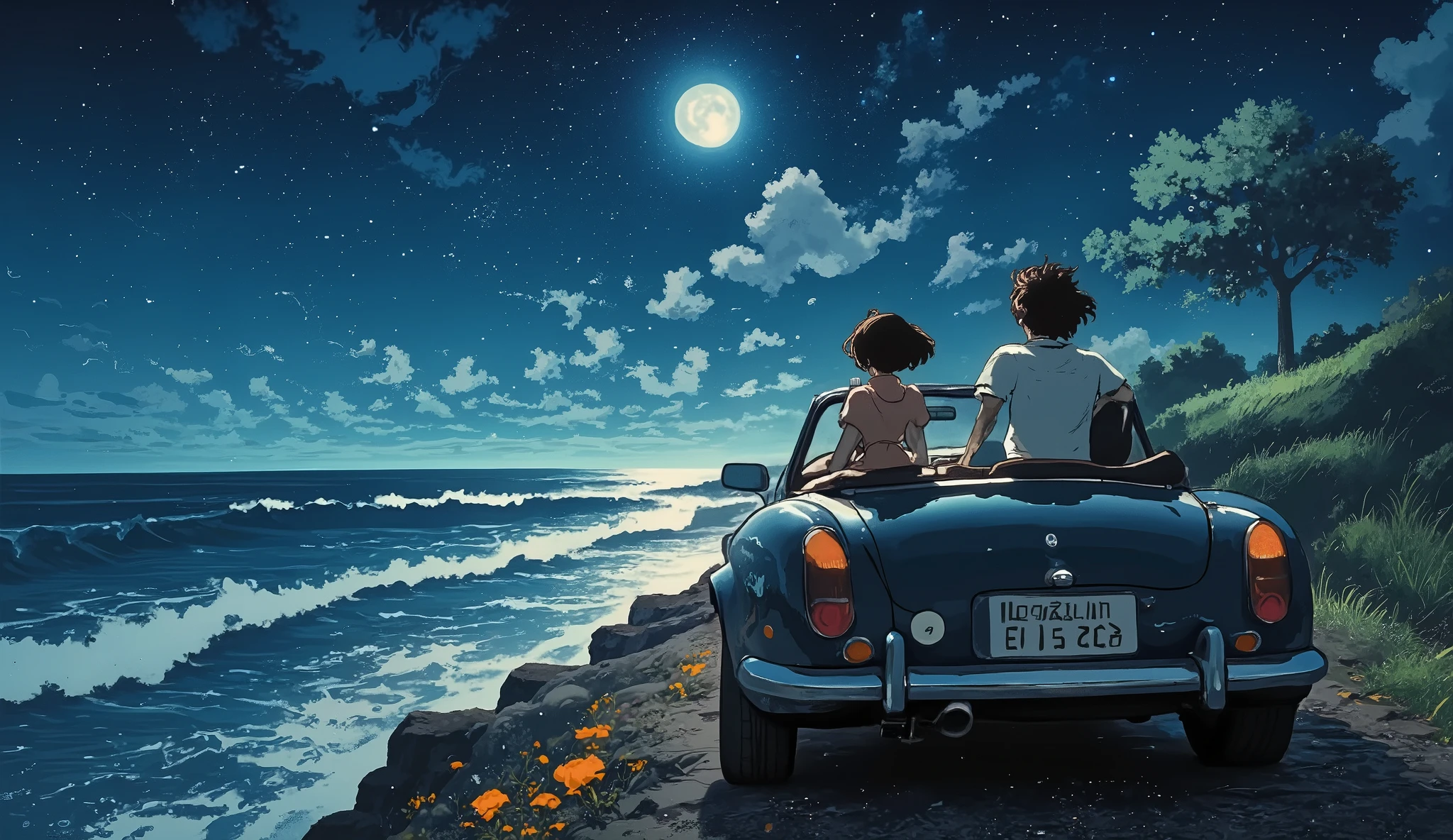 Ghibli anime style couple, a man with curly hair and a woman with short wavy black hair 、 riding a Mercedes to the coast on a full moon night. where is he driving ?. And in the form of a picture 楽しそうな couple 海岸に車を停めて海と夜空を眺める couple