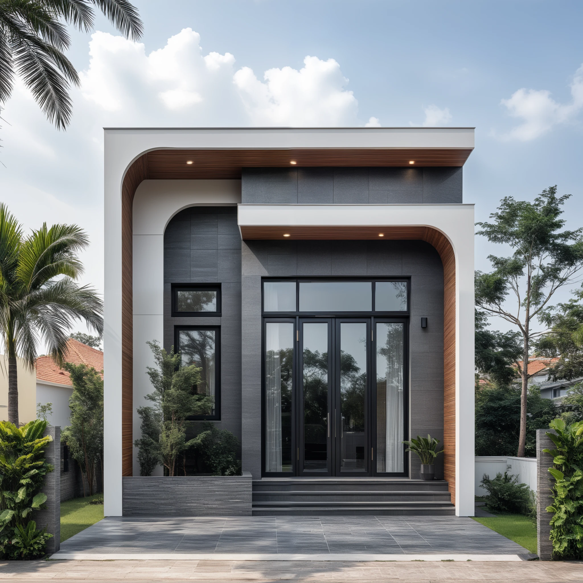 (masterpiece:1.2), best quality, photo of A two-story modern house with white walls and dark tiles on the roof, tree and plant, streetcapes, natural light, The exterior of an elegant single family home features large windows, a dark gray door frame.