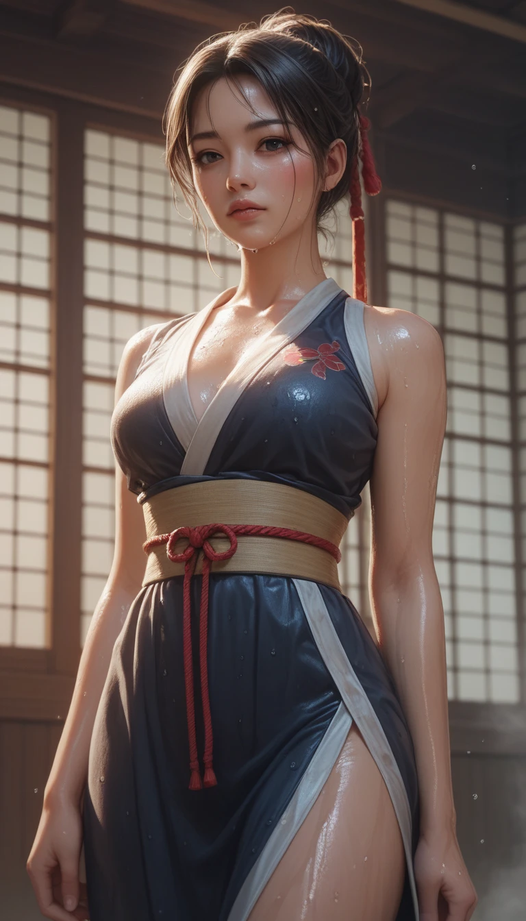 fuku, black hair, short hair, brown eyes, long hat, earrings, japanese clothes, necklace, detached sleeves, bare shoulders, 1girl, solo, upper body, facing viewer, looking at viewer, smile,