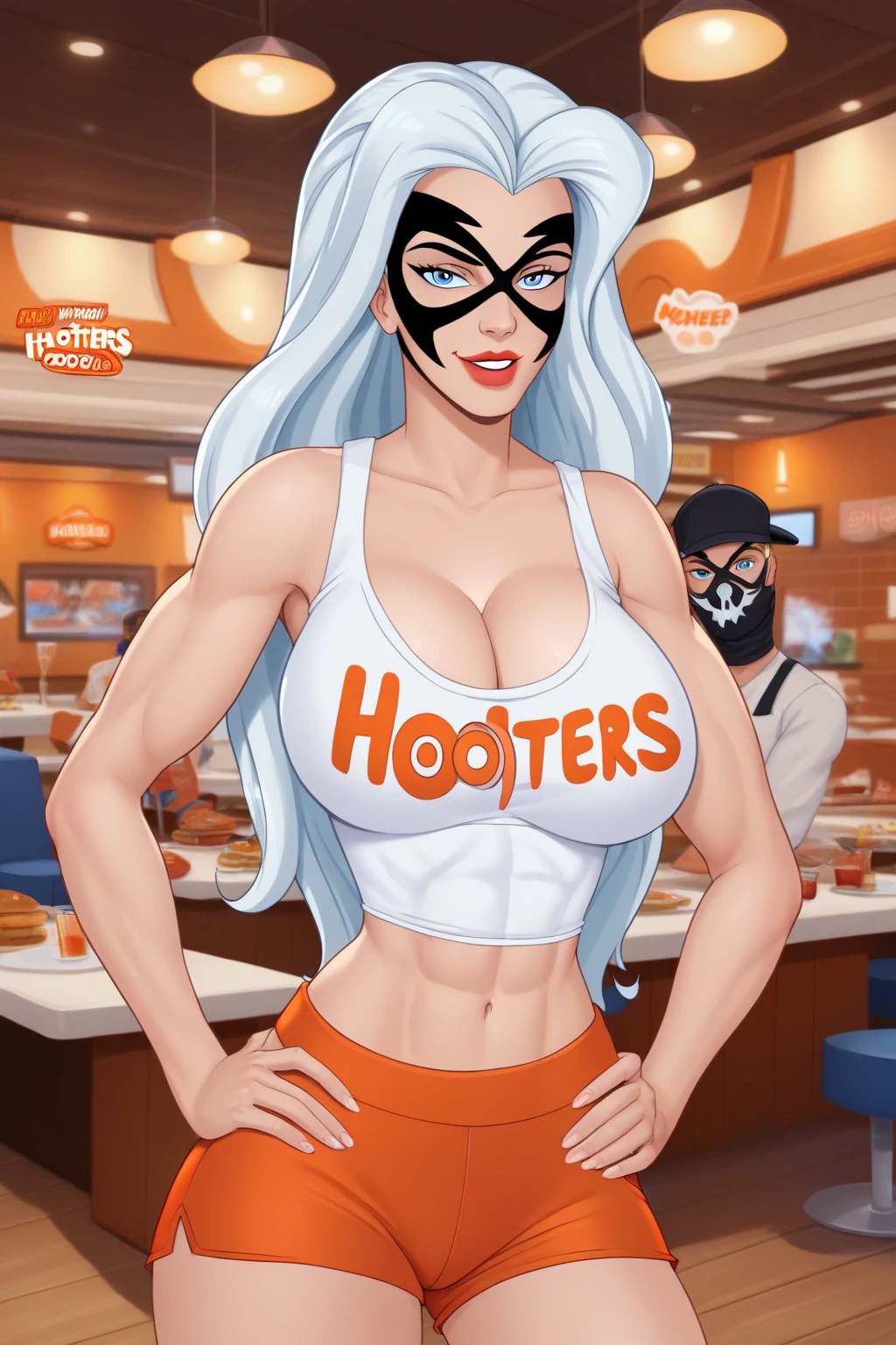 a woman in a red and white costume is posing, spiderwoman!!!!!, Spinneret (Mary Jane Watson)  friendly expression, facing camera, slender build, 