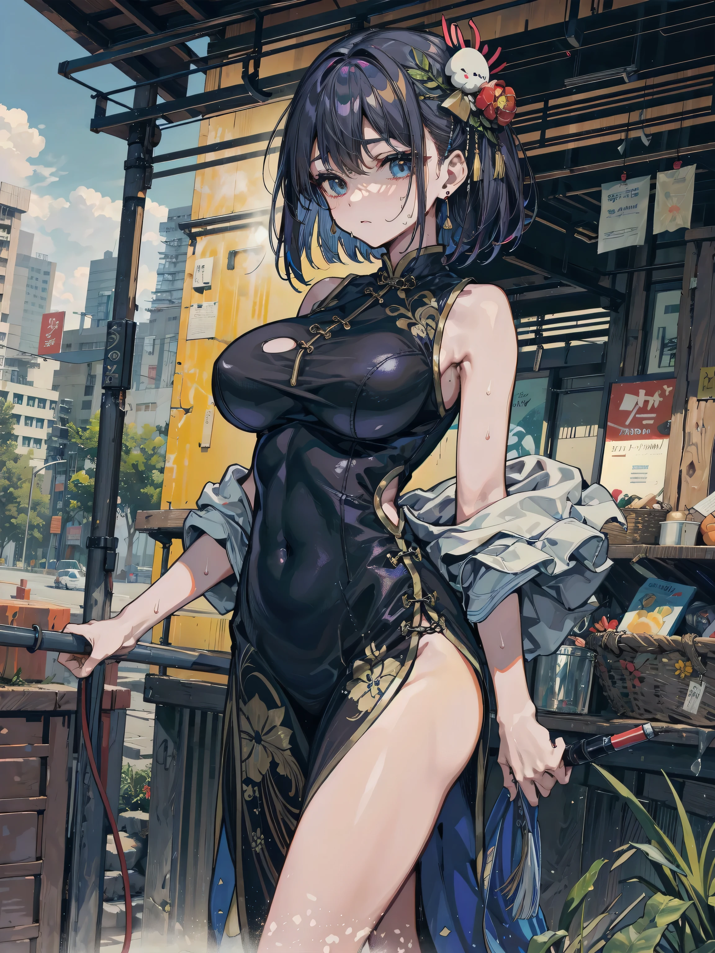 absurderes、high resolusion、(masterpiece)、best qualtiy、(perfect anatomia)、ighly detailed, anime illustrated,
Natsume, Lori, Black hair, Short hair, Yellow eyes, Big boob,
Looking at Viewer,
blush,
(depth of fields)、bokeh dof, (NSFW),
Red Oeka Kizuki Cheongsam,
Cowboy Shot, thighs thighs thighs thighs, Bare shoulder, Sleeveless, cleavage,
