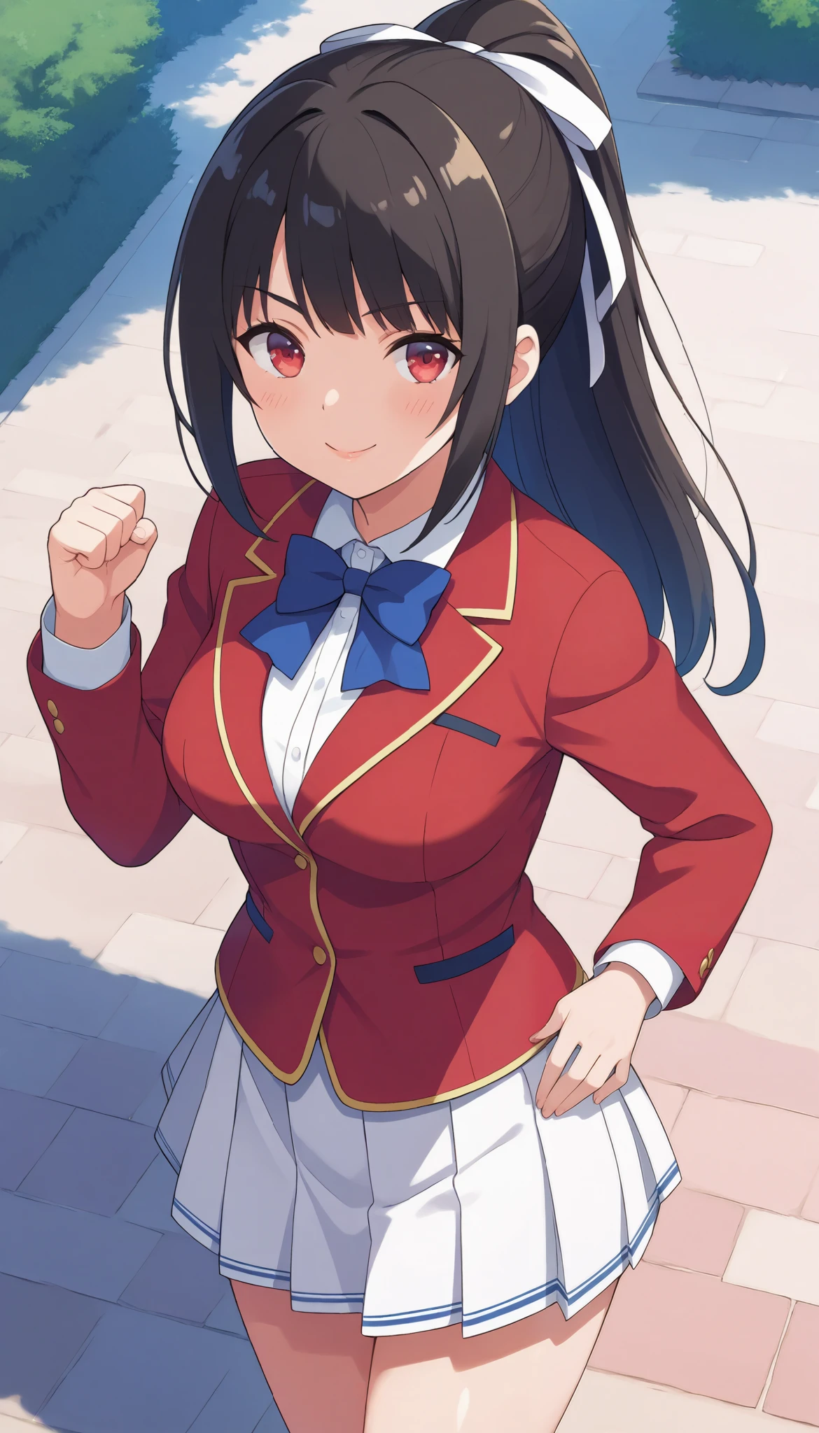 score_9, score_8_up, score_7_up, score_6_up, score_5_up, score_4_up, rating_questionable, , source_anime, digital illustration, pixiv, fanbox, uncensored, , BREAK, official art,
1girl, solo, female,Sae Chabashira, black hair, ponytail hair, red eyes, hair ribbon,
school unifrom, red jacket, blue bowtie, white skirt, pleated skirt, standing ,raise up fist, smile,,glossy lips, outdoor , from above, cowboy shot,
