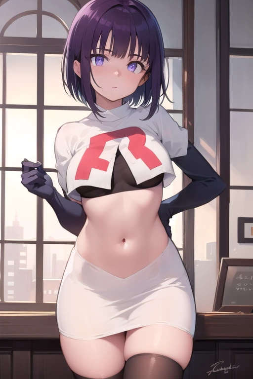 fubuki, fubuki, black hair, (green eyes:1.5), short hair,
BREAK jewelry, team rocket,team rocket uniform,white skirt,red letter R,crop top,black thigh-highs,black elbow gloves,
BREAK looking at viewer,
BREAK (masterpiece:1.2), best quality, high resolution, unity 8k wallpaper, (illustration:0.8), (beautiful detailed eyes:1.6), extremely detailed face, perfect lighting, extremely detailed CG, (perfect hands, perfect anatomy),
