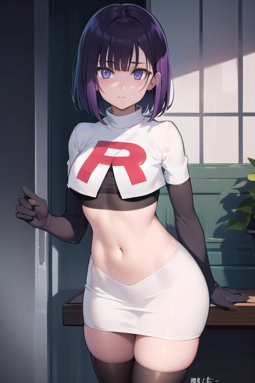 1girl, solo, beautiful face, finely detailed face, beautiful eyes, purple hair, team rocket,team rocket uniform, red letter R, white skirt,white crop top,black thigh-highs,black elbow gloves
