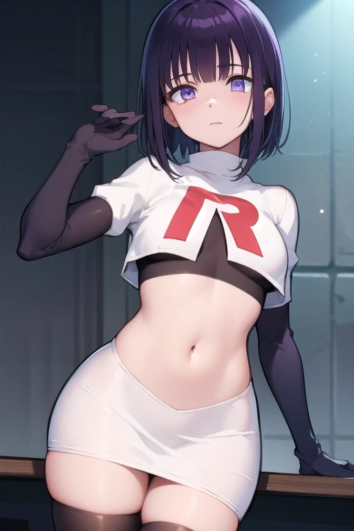 absurdres, cowboy shot, solo, male focus, trap, 1boy, crossdressing,1boy, oma kokichi, team rocket,team rocket uniform,white skirt,red letter R,crop top,black thigh-highs,black elbow gloves, embarrassed, blush