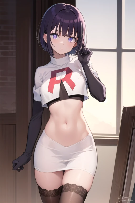 absurdres,masterpiece, trap, best quality, highres, high quality, 1boy, solo, male focus, hair, crossdressing,1boy,team rocket,team rocket uniform,white skirt,red letter R,crop top,black thigh-highs,black elbow gloves, embarrassed, blush