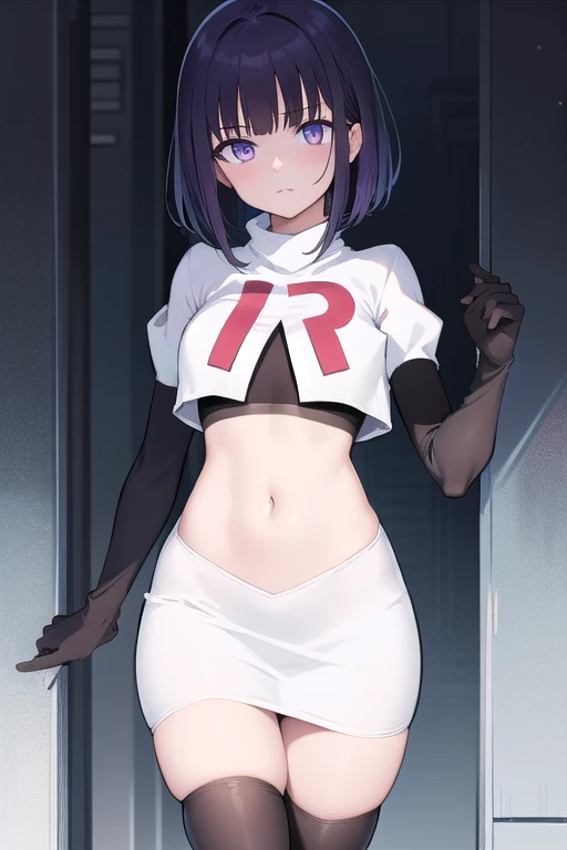 absurdres, best quality, androgynous, solo, looking at viewer,eye focus, TachibanaHinano, (short hair:0.75), medium breasts, (split-color hair), blue eyes, hairclip, (messy hair:1), choker, (earrings:0.1), (sidelocks)
BREAK
pink hair, (swept bangs:0.25), sidelocks
BREAK
(blunt bangs:1), (sidelocks:1.5), team rocket,team rocket uniform,white skirt,red letter R,crop top,black thigh-highs,black elbow gloves