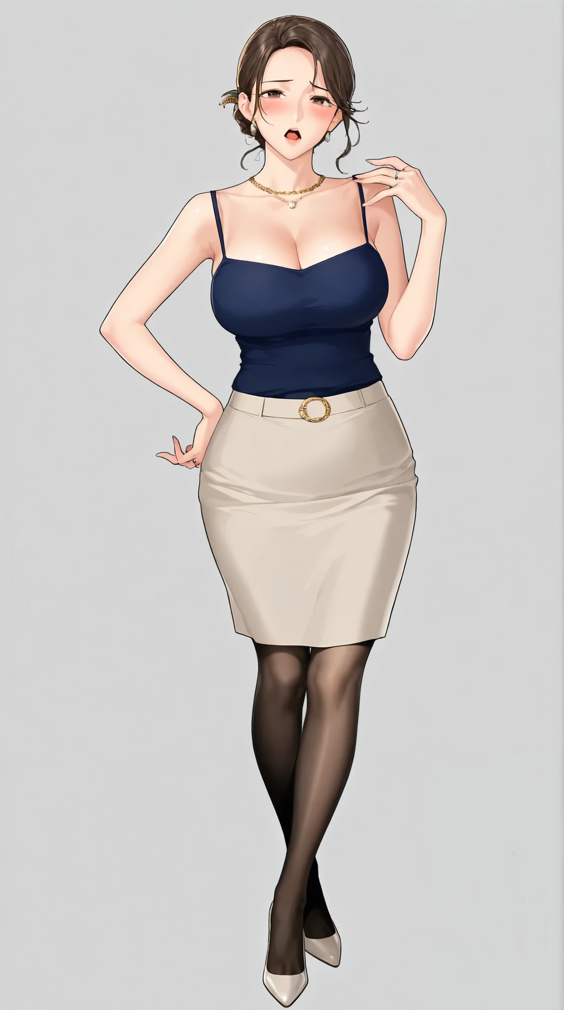 1girl, jewelry, solo, breasts, large_breasts, skirt, ring, folded bun_hair, black_hair, brown_eyes, necklace, hair_over_shoulder, cleavage, blush, hand_on_hip, transparent_background, mature_female, hair_ornament, pencil_skirt, wedding_ring, camisole, open_mouth, looking_at_viewer, pantyhose ((full body view))