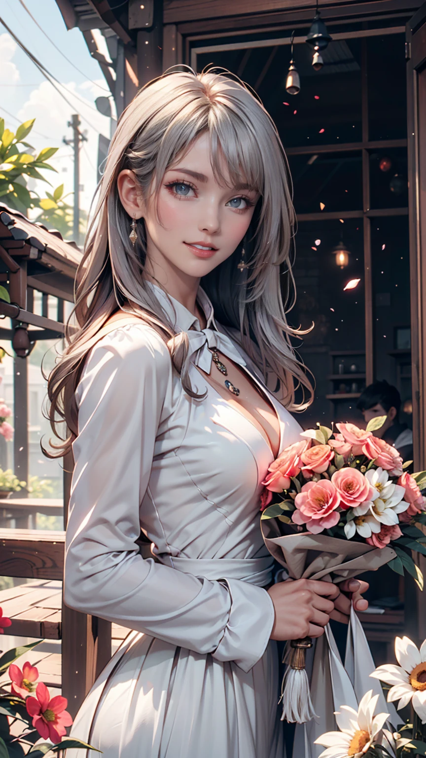 masterpiece, Great work, Daytime, Outdoor, Falling Flowers, White Dress, 1 person, Perfect Woman, Woman with long silver and white hair, Gray blue eyes, Pale pink lips, cold, Severe, Van, Purple eyes, White clothes, Black Apparel Line, Delicate face, Beautiful Face, Standing Bow, Tassel, The Knot of Happiness, smile