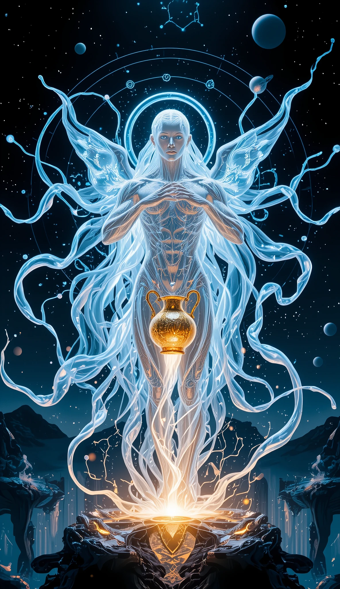 An ethereal and futuristic figure representing the power of Aquarius, manifested in the form of a luminous entity, with fluid and transparent features, as if made of water and light. His skin glows an iridescent silvery hue, reflecting the cosmic energy flowing around him, and his eyes are a deep blue, like the night sky, filled with universal wisdom and a clear vision of the future. In her hands, she holds a golden jug, from which a stream of crystal clear water flows, representing the constant flow of ideas, innovations and knowledge that Aquarius shares with the world. The environment around you is a vast futuristic landscape, with floating cities and crystal structures that shine in a cosmic light, as if the future is already happening. Small circuits of light and energy intertwine around you, symbolizing the human and cosmic connections that Aquarius seeks to create. The Aquarius constellation forms a radiant aura around the figure, emanating an energy of freedom, vision and progress. The setting is full of twinkling stars and distant planets, suggesting the vastness of the universe and Aquarius' ability to see beyond known limits. The atmosphere is light, but full of a powerful vibration of innovation, revolution and transformation, reflecting the essence of Aquarius: the constant search for a better and more connected future.