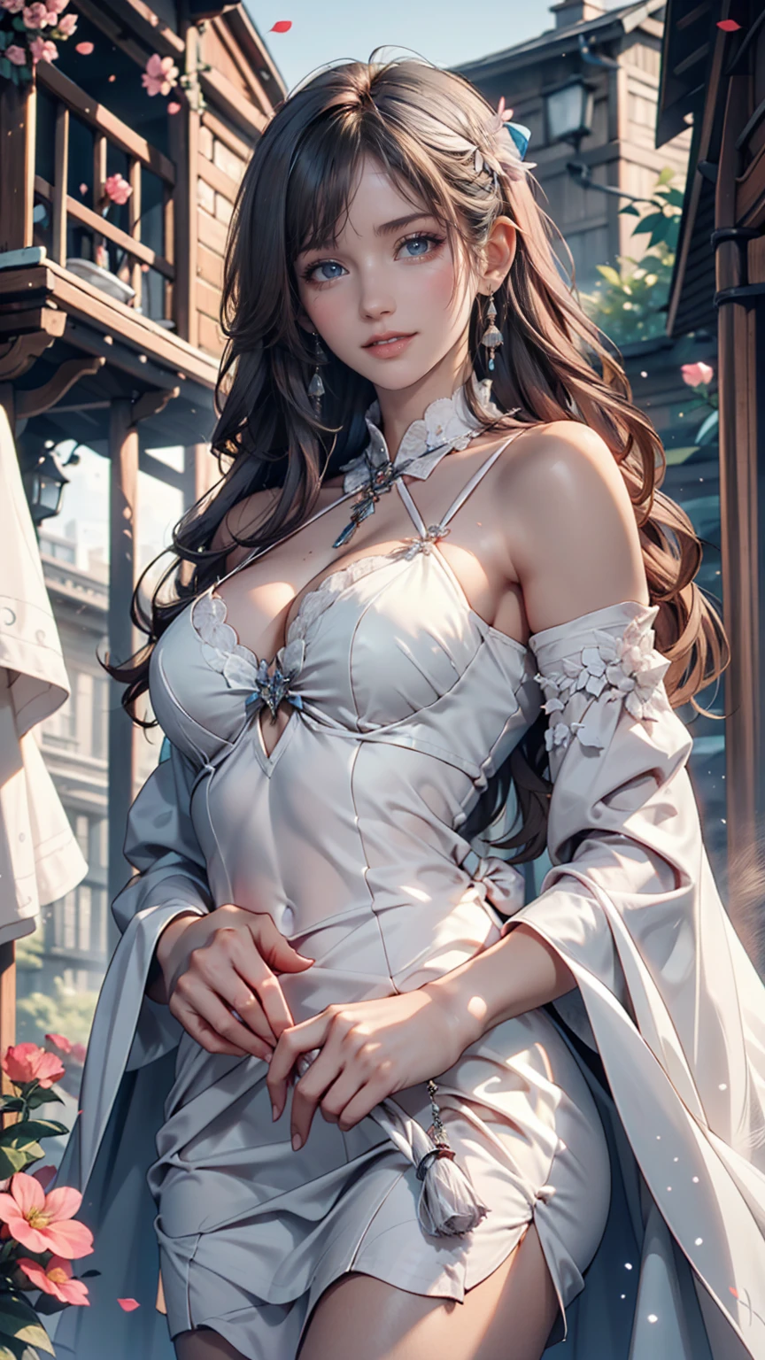 Waist shot of a female elf, Complex, Narrow Face, elegant, Wearing a sapphire necklace, White lightweight dress with straps, To the camera, Very detailed, Digital Painting, Art Station, Concept Art, Smooth, Sharp focus, figure, ArtJam、Greg Rutkowski、Art by Alphonse Mucha, 8K, Volumetric Fog, bloom, light, lumen, Crank blur